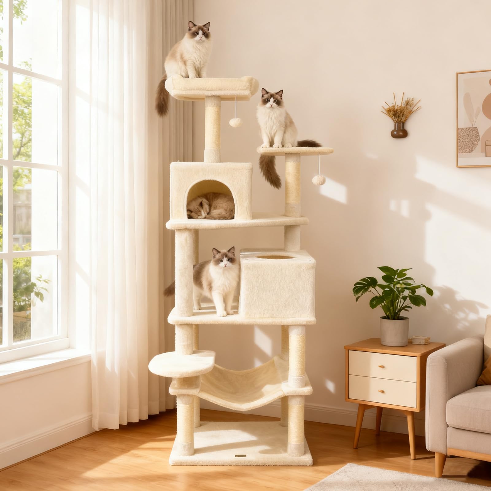 DORTALA 75 Tall Modern Cat Tree, Multi-Level Cat Tower with Large Condos, Sisal Scratching Posts, Top Perch, Hammock, Dangling B