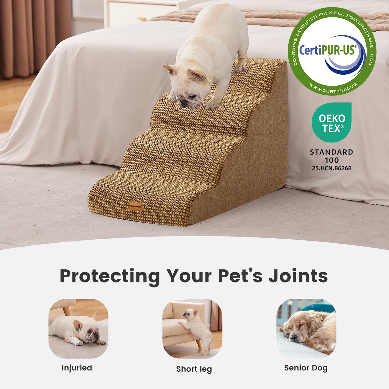 Gardner Pet Dog Stairs for Small Dogs 19.7 H, 4-Step Brown Curved Pet Stairs, Dog Steps for High Bed (18-24 in), Couch with Dura