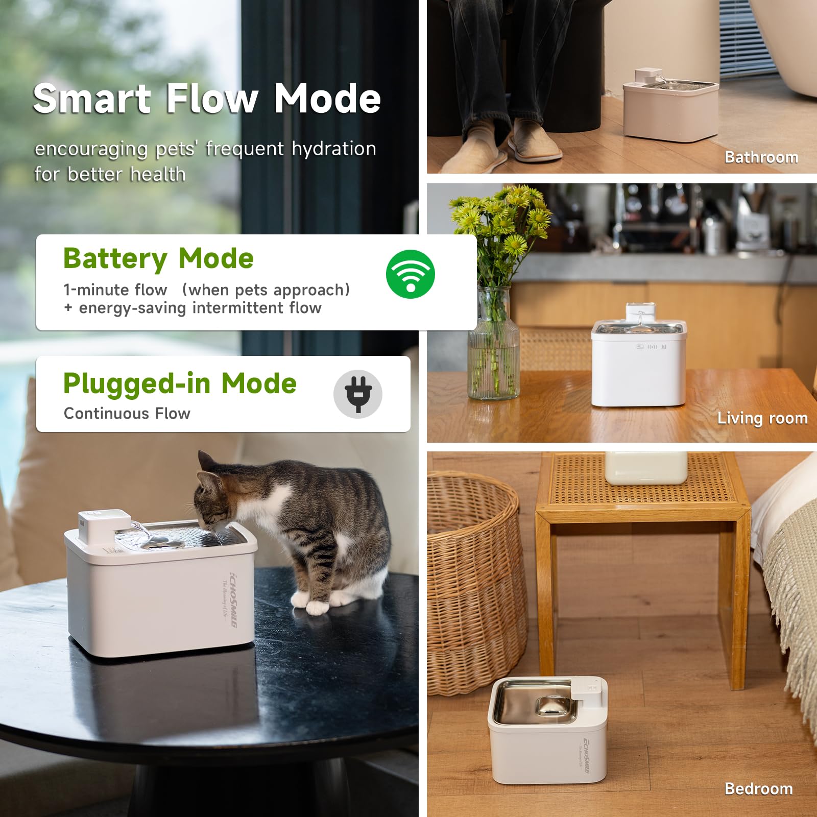 Echosmile 4L Cordless Pet Fountain - Quiet Pump, Filter Included