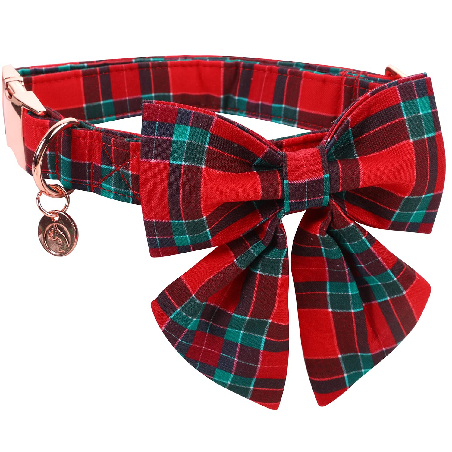 Dogwong Christmas Dog Collar With Sailor Bow Tie, Red Plaid, Cotton, Medium, S