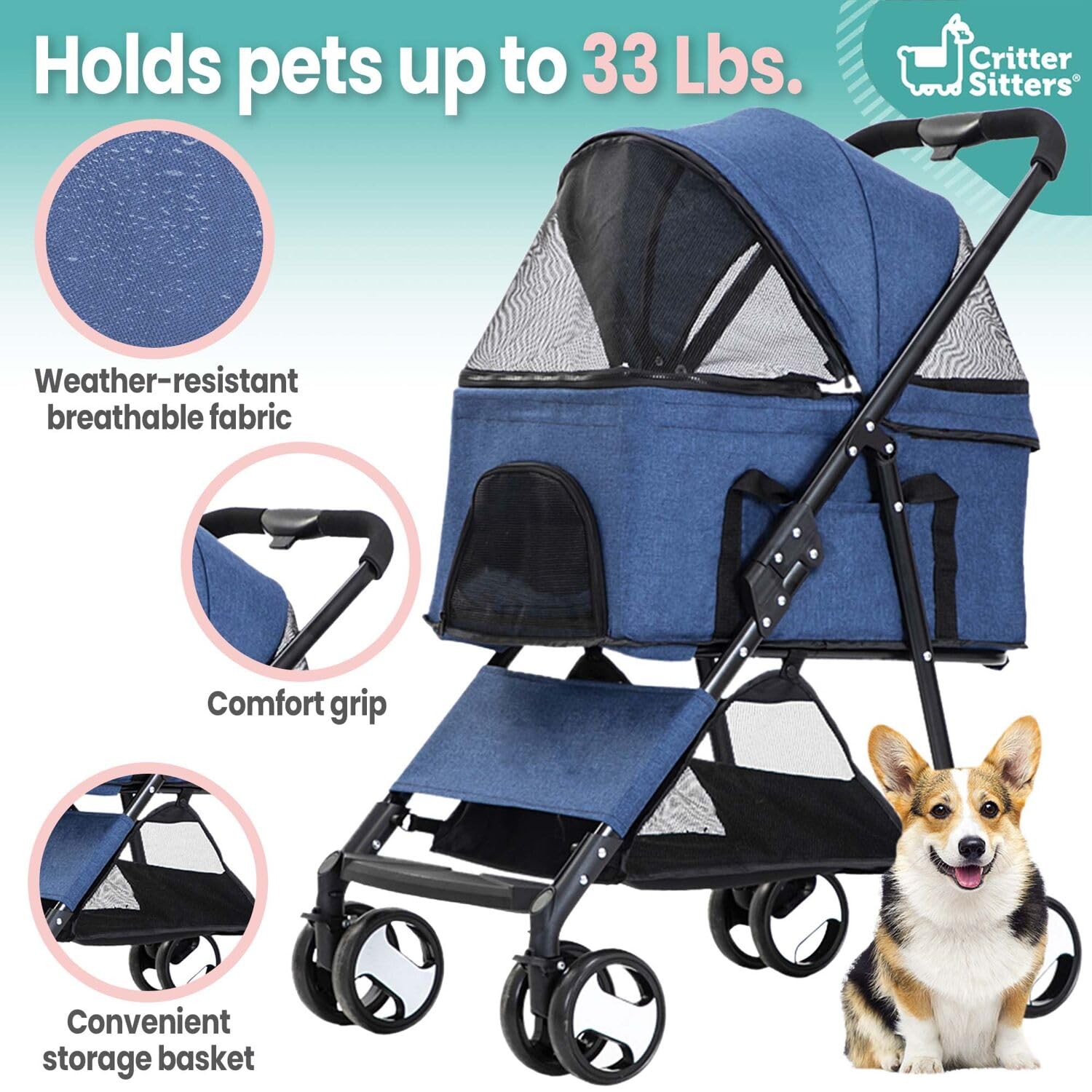 Critter Sitters Pet Stroller With Storage Basket, Single Carriage Carrier For Animals Up To 33 Lbs., 4-Wheel, Travel And Transpo
