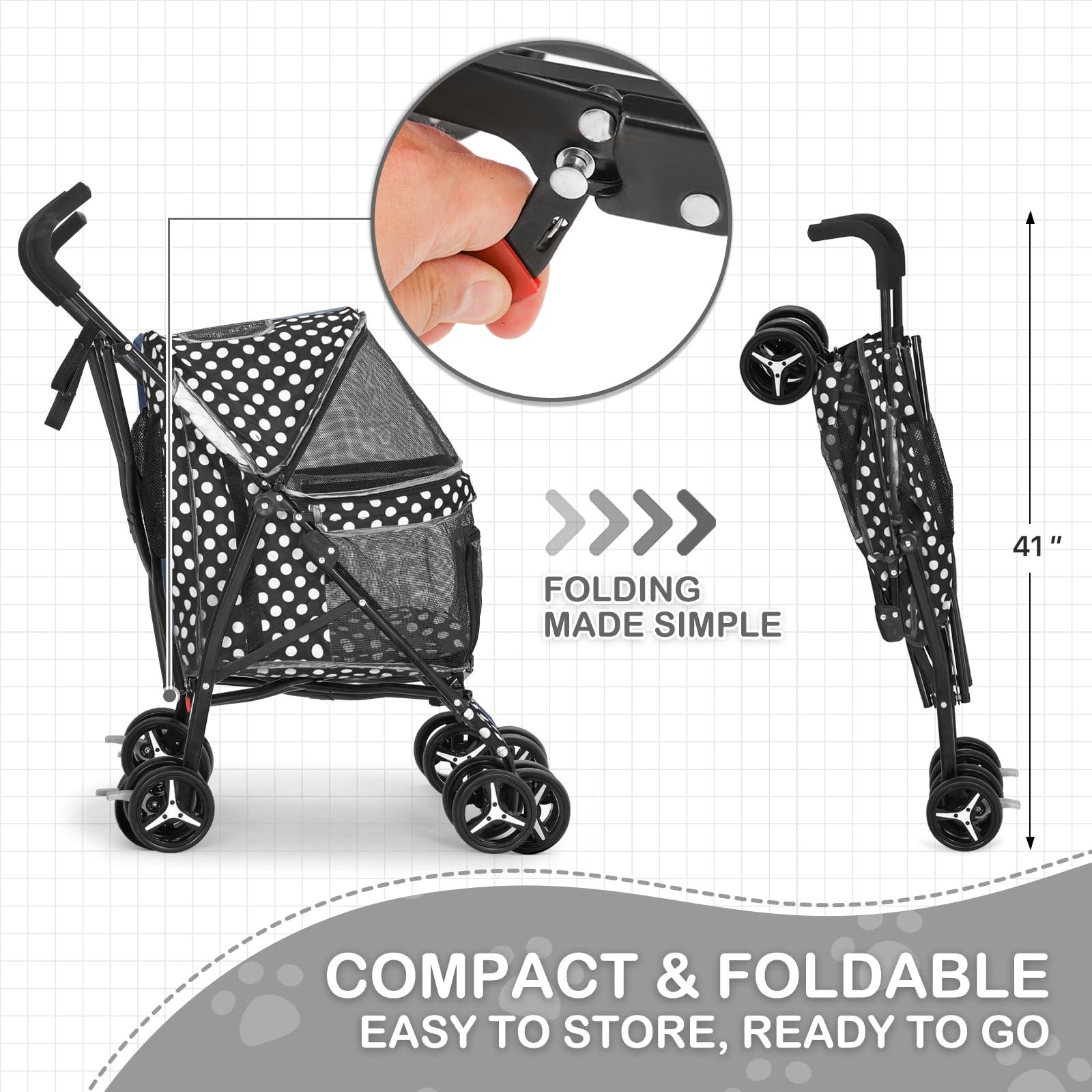 Polias Dog Stroller, 4 Wheels Pet Stroller For Cats With Storage Bag & Visible Mesh, Easy-Fold Umbrella Shaped Cat Stroller And