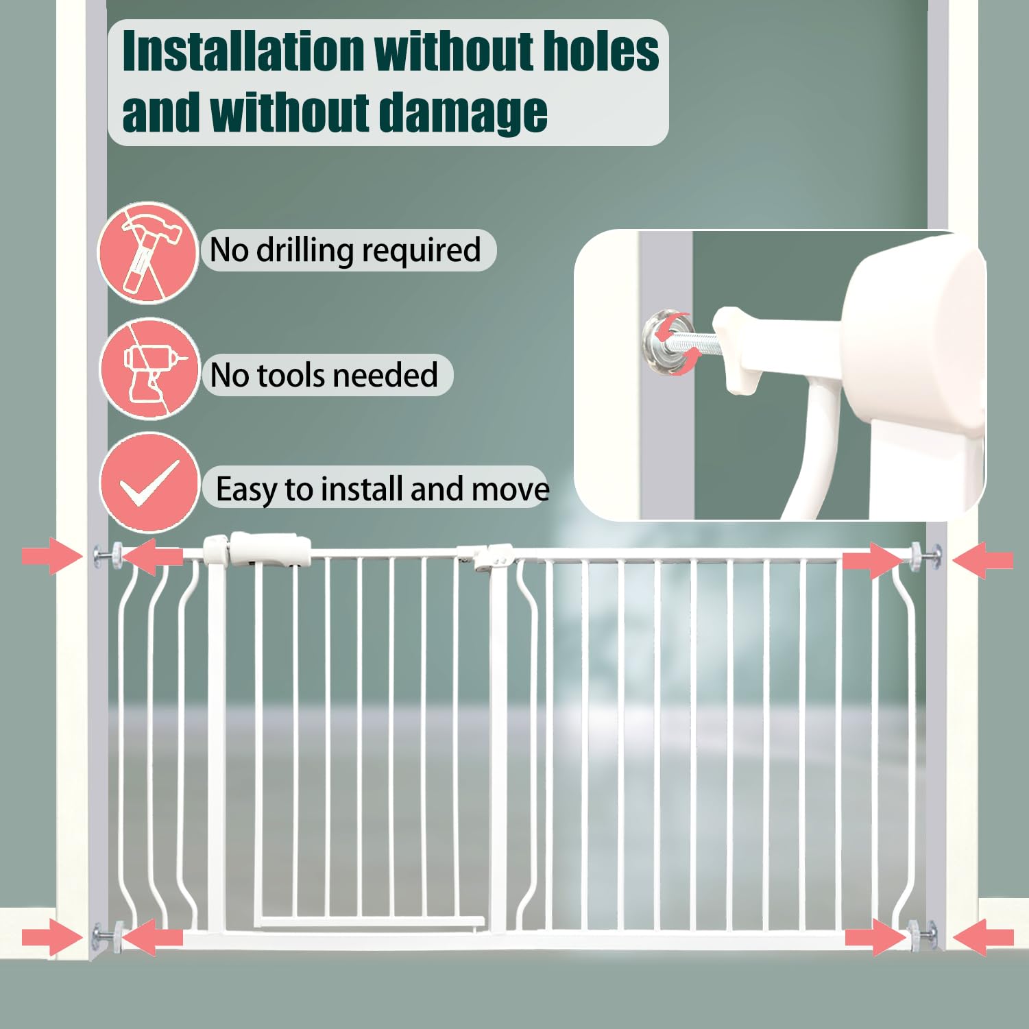 Heavy Duty Baby & Dog Safety Gate - Extra Wide 76.4-81.1 Inch, White Metal, Tension Mounted No Drilling Pet Gate for Stairs & Do