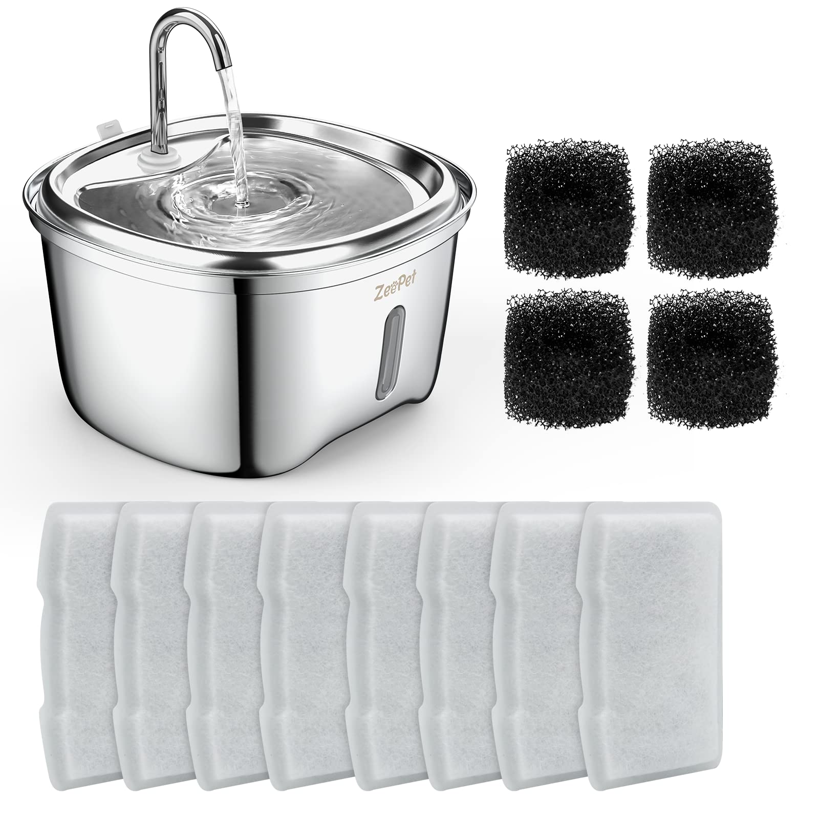 ZeePet Stainless Steel Cat Water Fountain Filter Replacements - 120oz/3.5L (Pump x4, Carbon Resin x8)