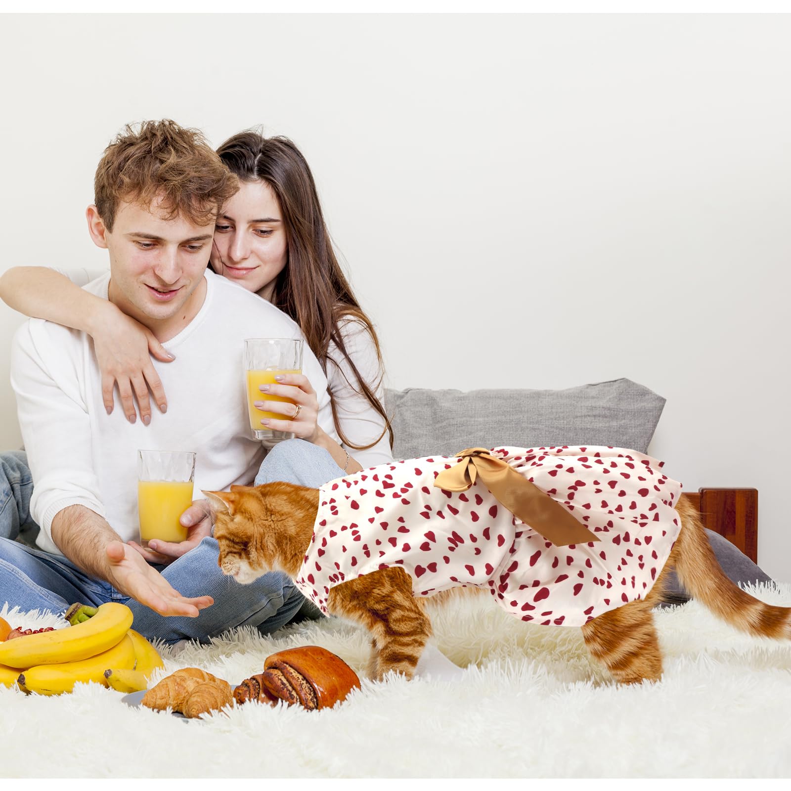 Dog Costume Dress L, Cream White With Red Heart Print Golden Bow, Glitter Heart Pet Outfit For 11-13 Lbs Dogs And Cats, Romantic