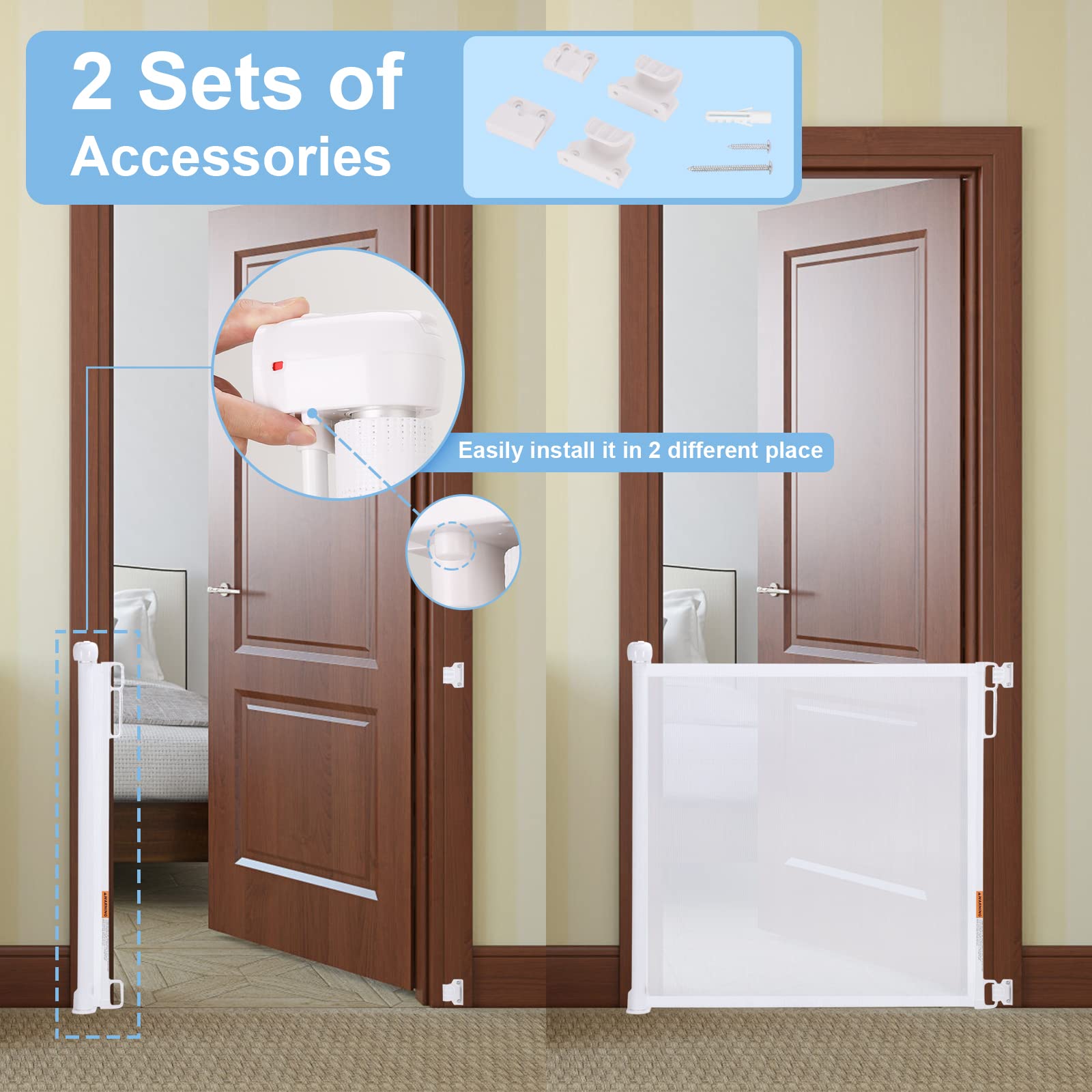 PRObebi Retractable Baby Gate - 34" Tall, Extends 72" Wide, B-White, Indoor/Outdoor Safety Gate for Stairs, Doorways, Decks, Banisters