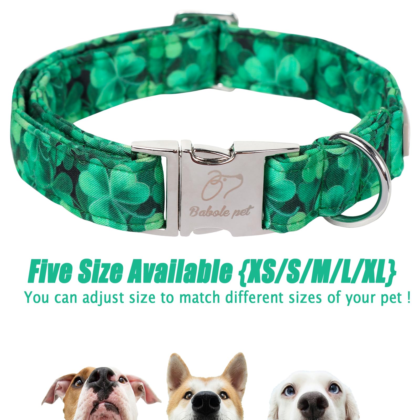 Babole Pet St Patricks Day Dog Collar, Green Shamrock Pet Collar With Metal Buckel, Durable Adjustable Holiday Dog Collars For S