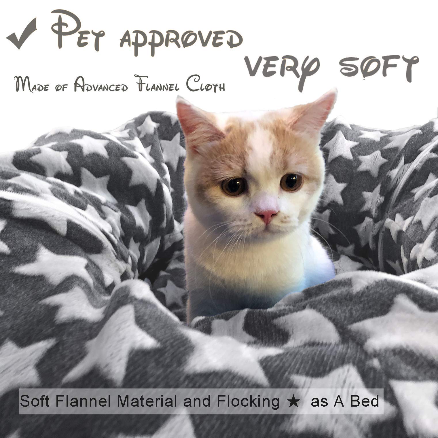 Luckitty Large Cat Tunnel Bed With Plush Cover,Fluffy Toy Balls, Small Cushion And Flexible Design- 10 Inch Diameter, 3 Ft Length- Great For Cats, And Small Dogs, Gray Star Pattern