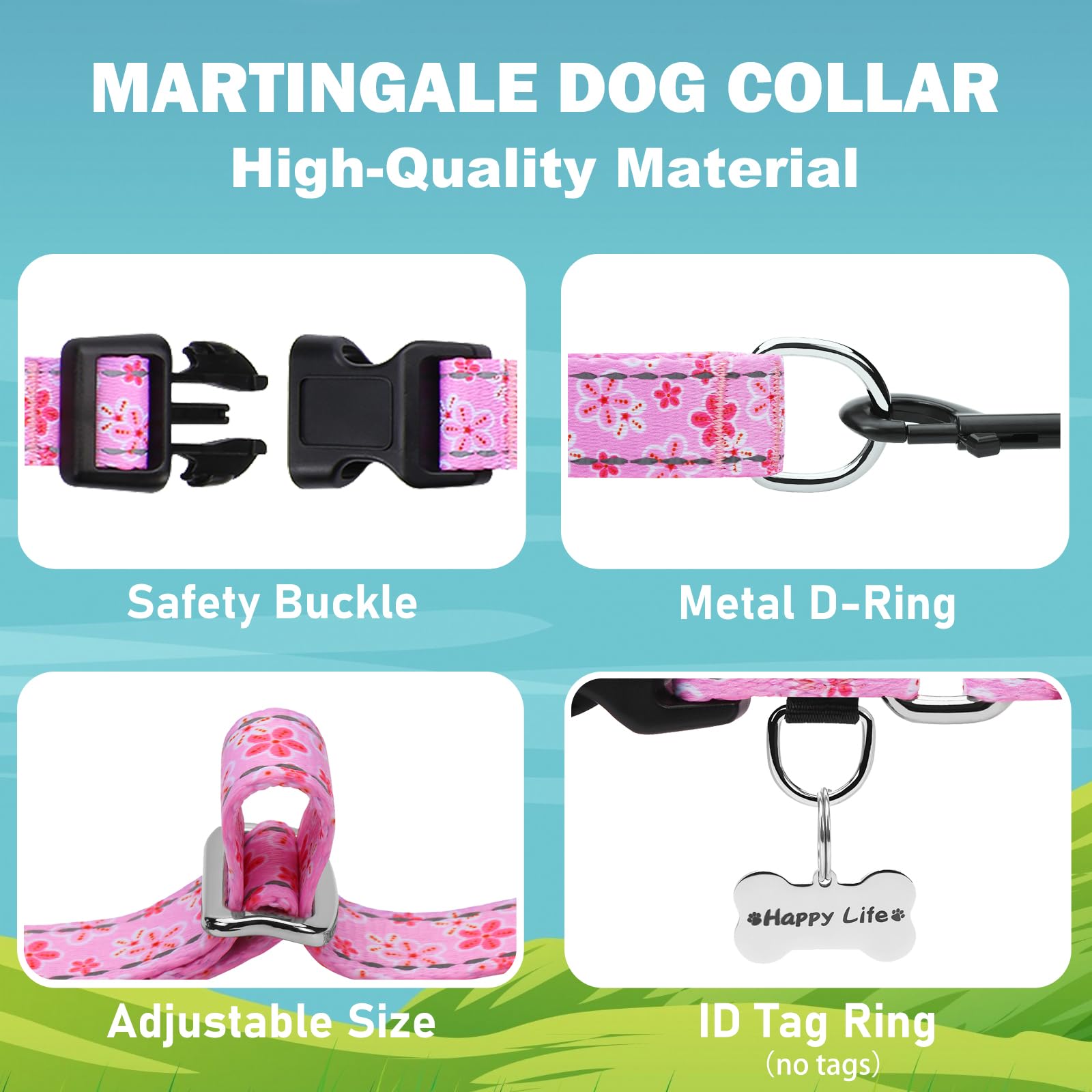 Fidohug Reflective Martingale Collar For Dogs With Quick Release Buckle Cute Girl Female Flower Dog Collars (Pink Floral, Xsmall