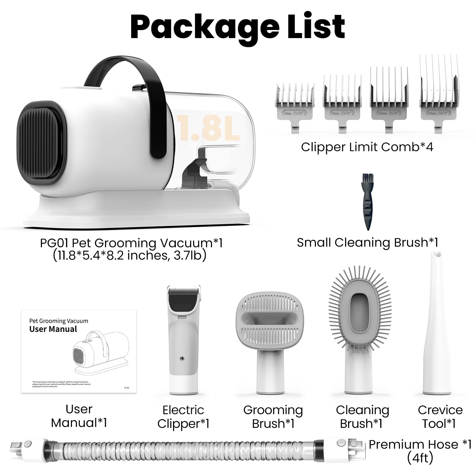 FIXR Dog Grooming Vacuum, All-in-One Pet Grooming Kit with Hair Clipper & Shedding Brush, Low Noise 12,000Pa Dog Hair Remover Va