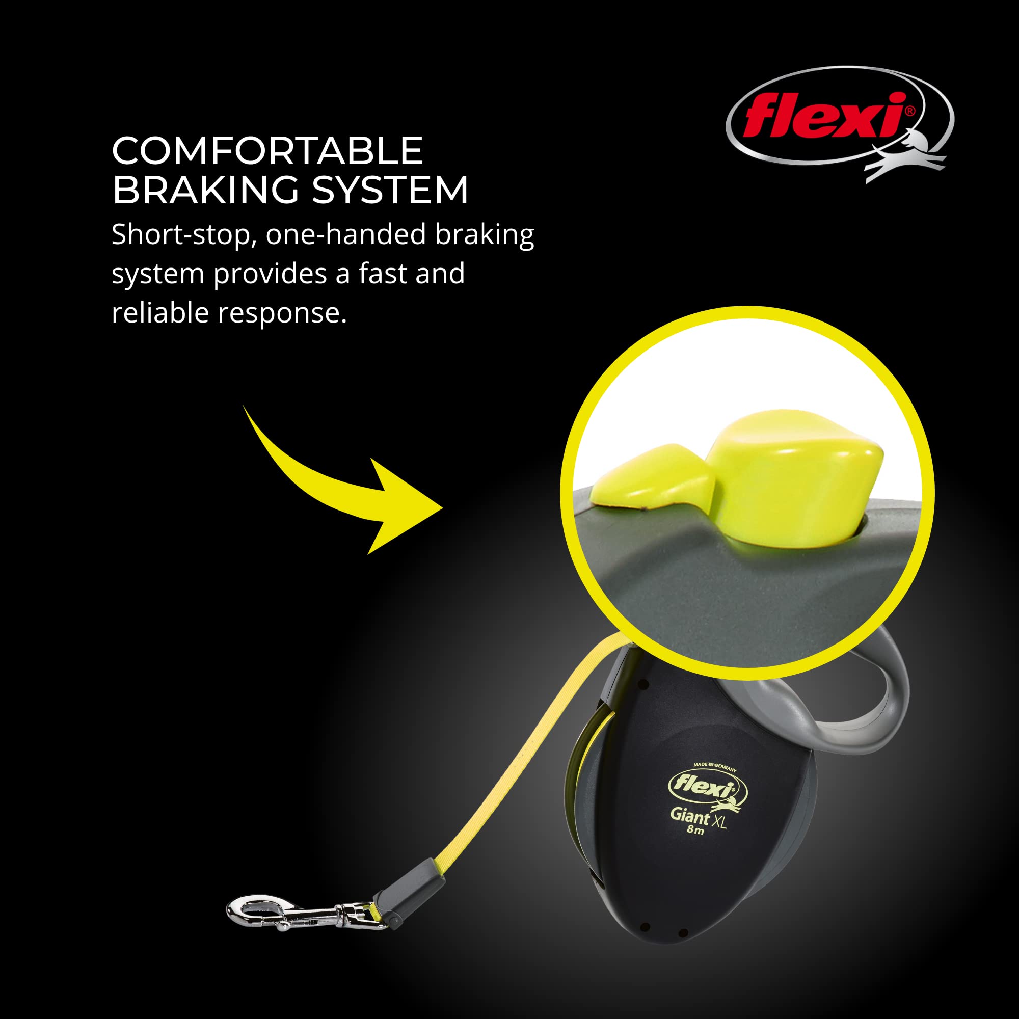 FLEXI Giant Tape Retractable Dog Leash - Extra Large 26 ft, Black Neon, Tangle-Free, One-Handed Brake, Nylon, Model GT4.210.S NEO.16