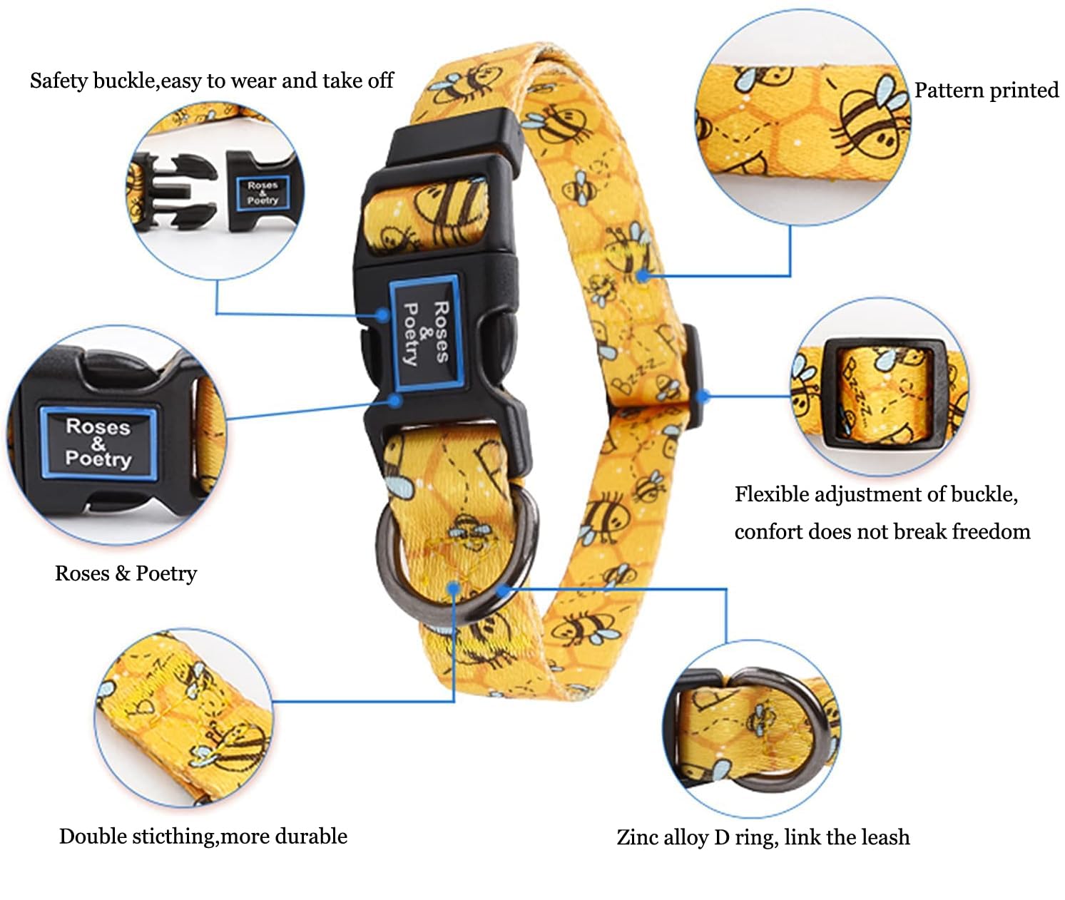 Roses&Poetry Dog Collar With Colourful Bee Patterns, Adjustable Durable Puppy Collars For Small Medium Large Dogs (Bee-L)