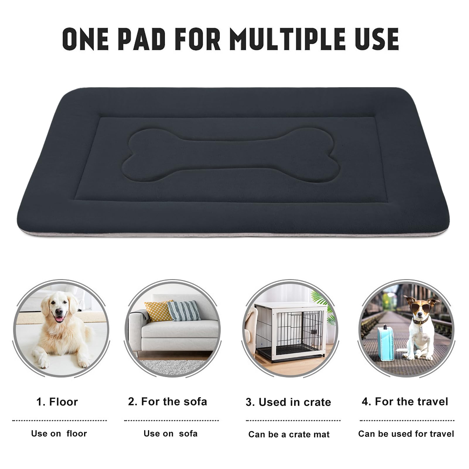 JoicyCo Dog Bed Large Crate Mat, Non-Slip Washable Flannel Mattress, 42" x 28", Dark Gray