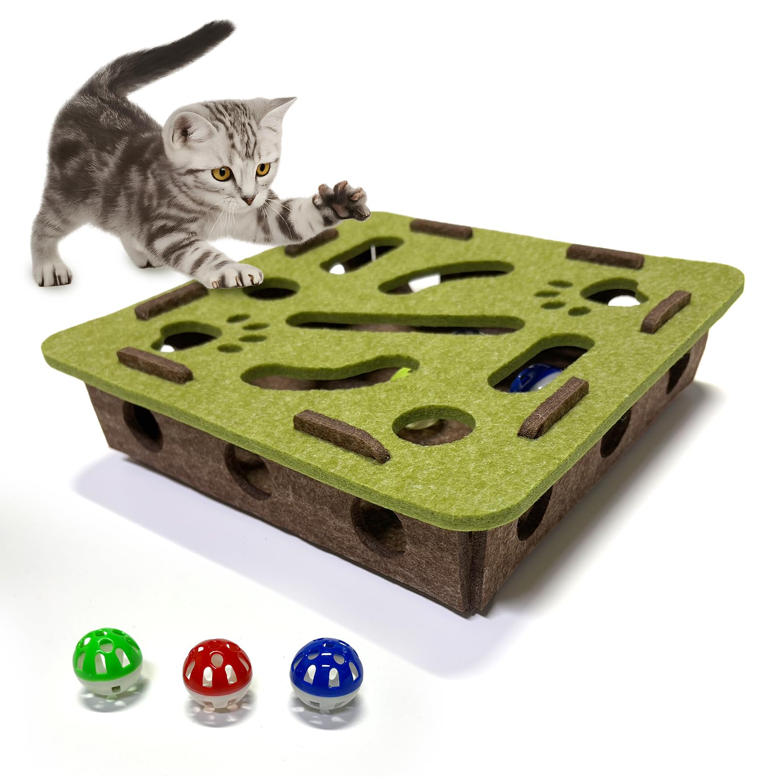 OVRRCSME Interactive Soft Felt Cat Puzzle Toy with Ball and Bell