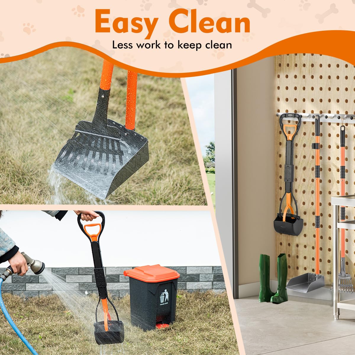 Wlqiu 28'' Pooper Scooper And 38'' Heavy Duty Stainless Steel Rake & Tray Set, 3 In 1 Portable Dog Pooper Scooper Set For Large