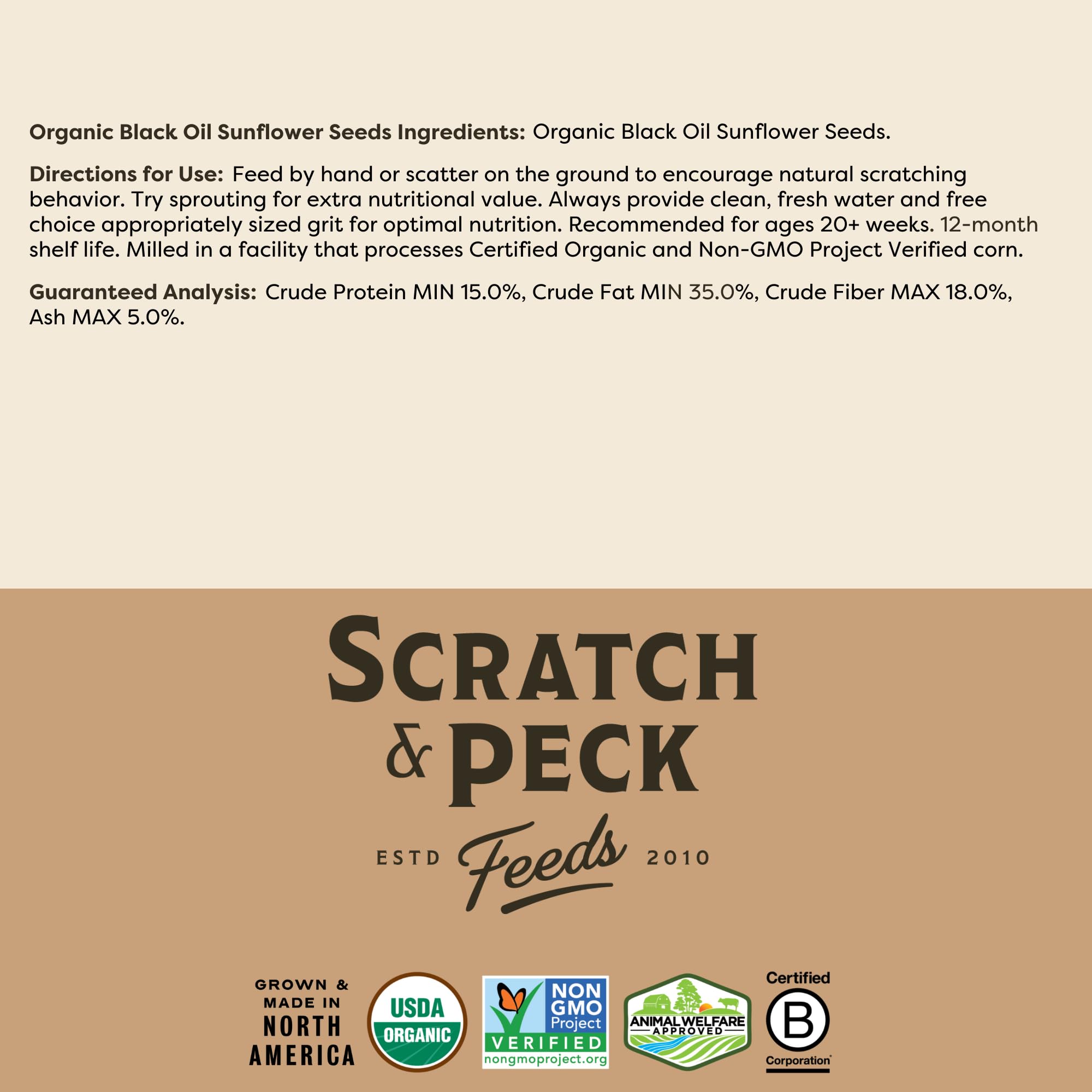 Scratch and Peck Black Oil Sunflower Seeds Chicken and Duck Treat - 7 lbs Bag - 15% Protein, Certified Organic and Non-GMO Proje