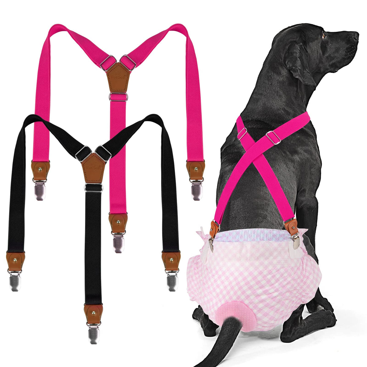 Pet Soft Dog Suspenders 2 Pieces Female Dog Diaper Suspenders For Dogs Diaper Keeper Suspender For Dog Skirt, Dog Dress (Black & Pink, M/L)