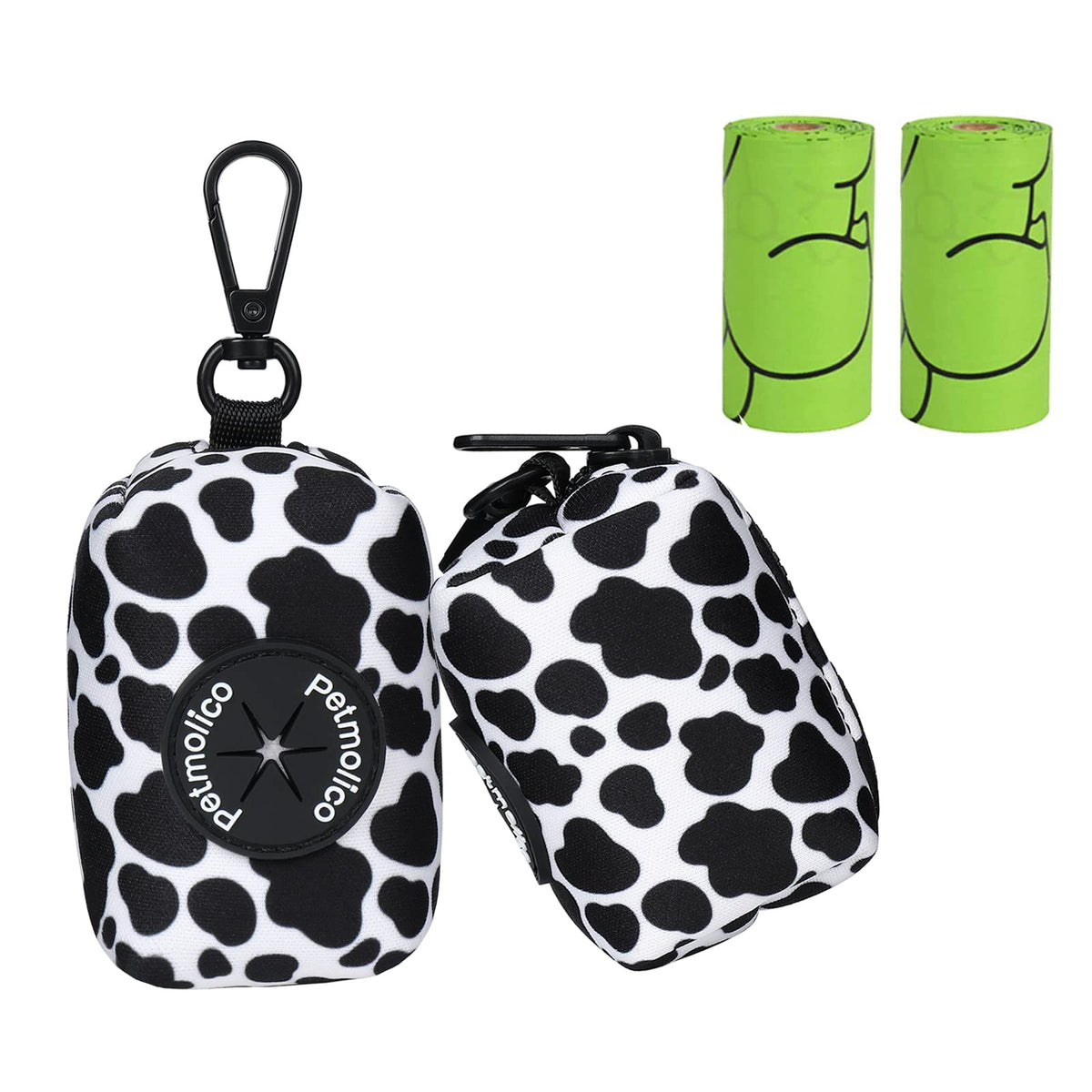 Petmolico Dog Poop Bag Holder Leash Attachment, Dog Waste Bag Dispenser Zippered Pouch, Fits Any Dog Leash, Includes Free Roll Of Dog Bags, Poop Bag Dispenser - 2 Pack, Cow Pattern