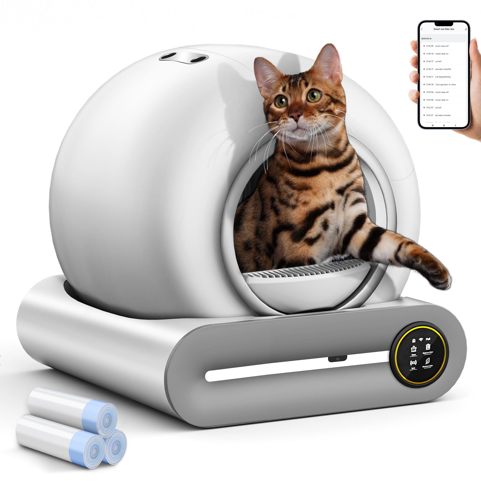 Self Cleaning Litter Box, Automatic Cat Robot For Multiple Cats, Large Litter Box With 3 Rolls Waste Bags, App Control, Negative