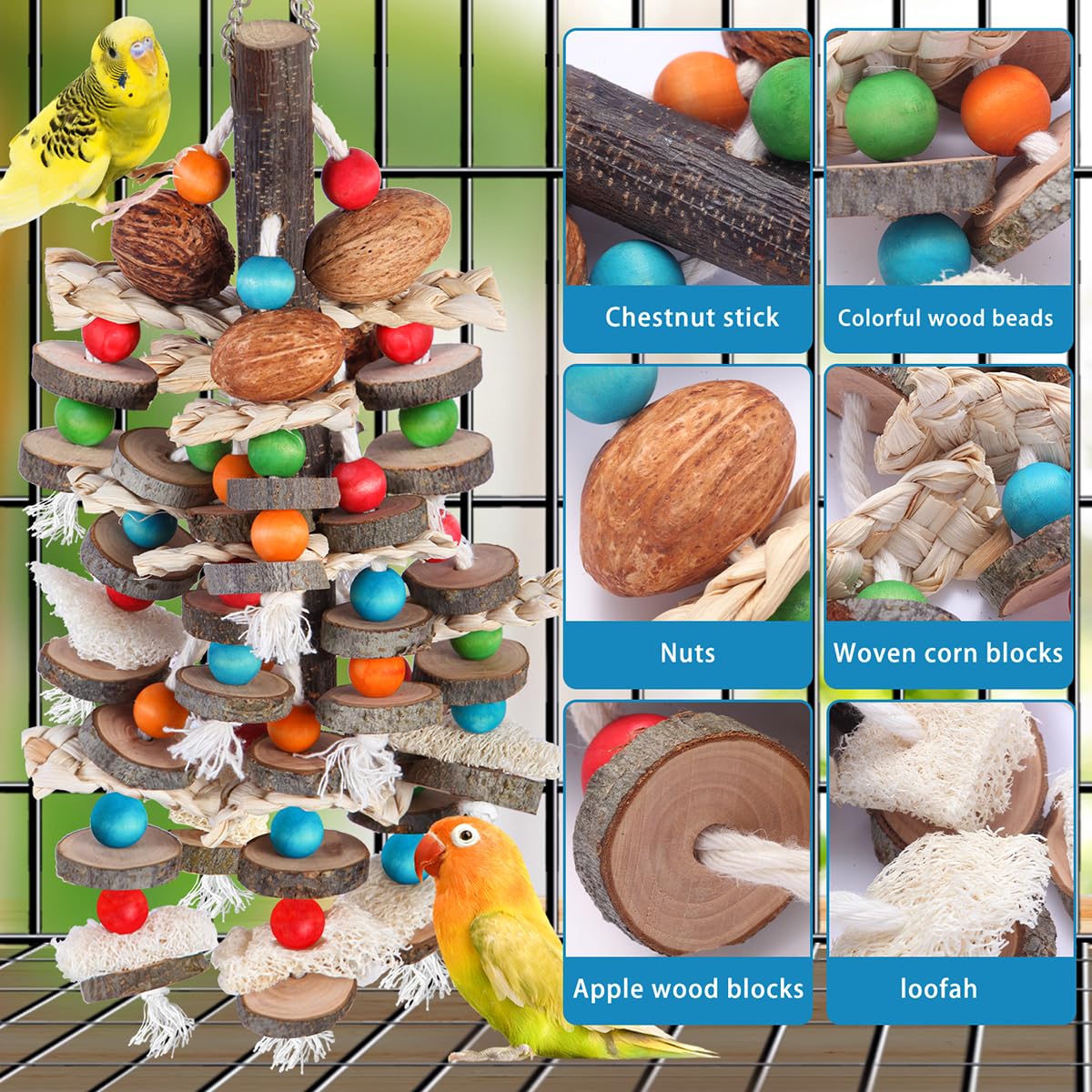 Bbjinronjy Large Parrot Toys Bird Chewing Toys-Natural Nuts Corn Loofah Wooden Bird Cage Toy For African Grey,Macaws,Conure,Coka