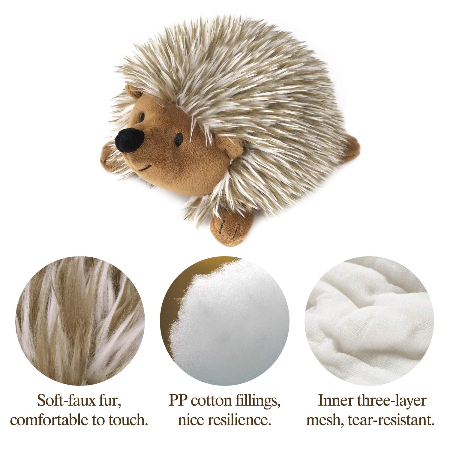 Pawaboo Plush Dog Toy - Non-Toxic Hedgehog Squeaky Toy, 6" Faux Fur, Brown