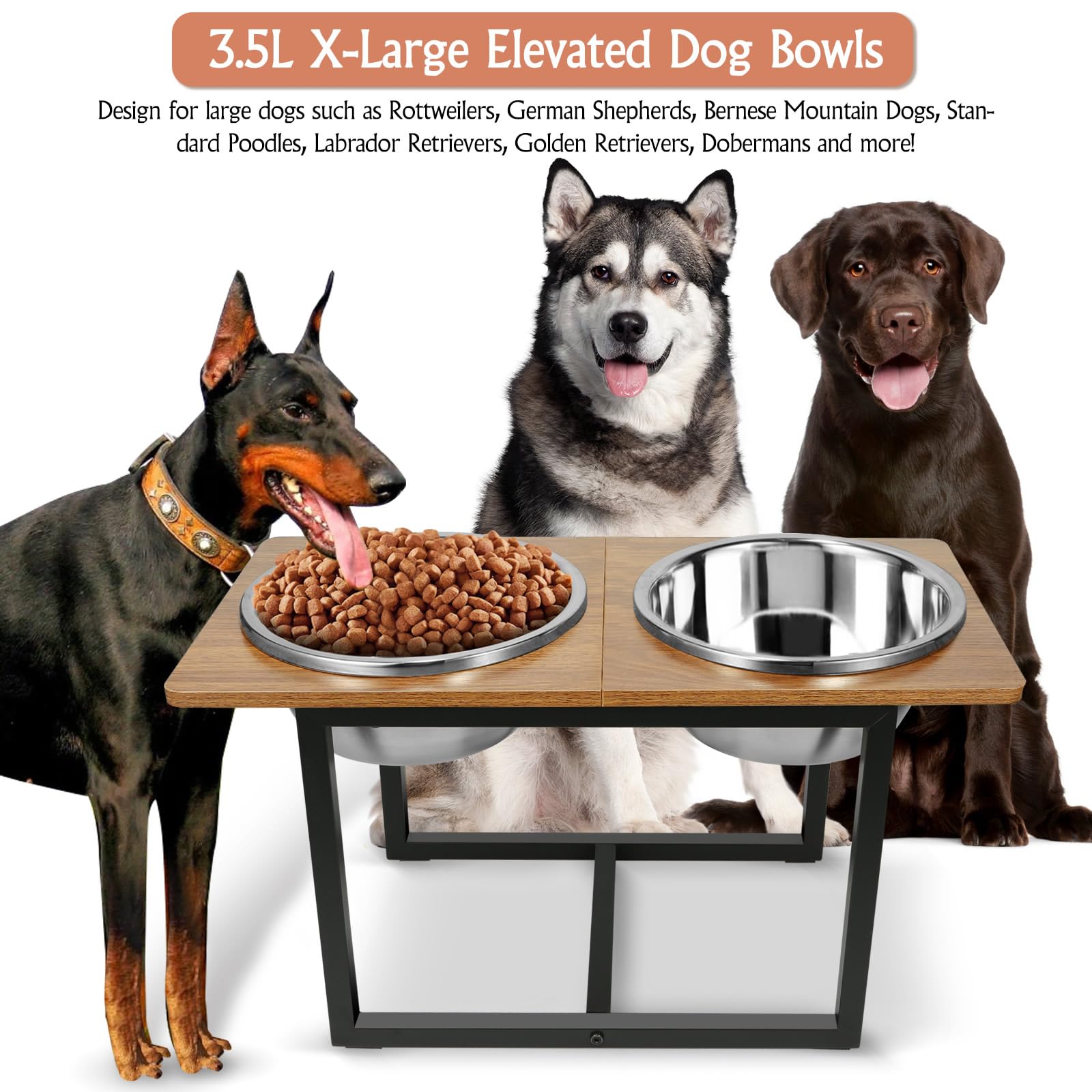 Spacnom Elevated Dog Bowls for Large Dogs, Raised Dog Bowl Stand with Two X-Large Stainless Steel Bowls for Dogs, 3.5L Capacity,