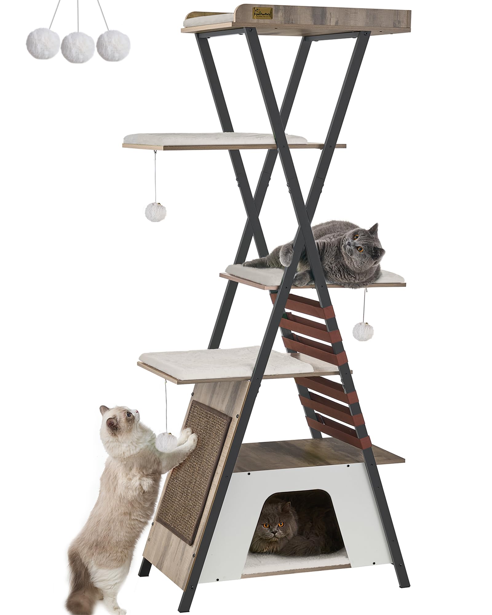 FourFurPets 72.4 Cat Tree, Modern Cat Tower for Indoor Cats, Multi-Level Cat Condo with Caves, Tall Cat Tree with Cat Scratching