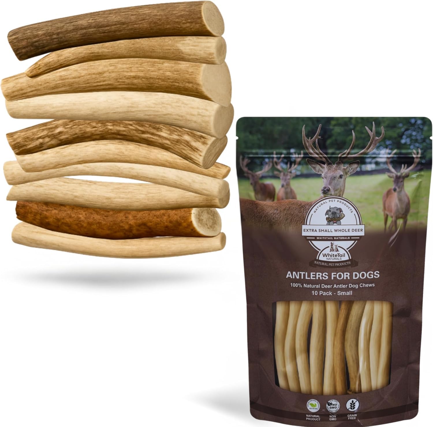 WhiteTail Naturals - Antlers for Small Dogs (10 Pack) Deer Antler Dog Chew Bones for Small Aggressive Chewers - Long Lasting Hor