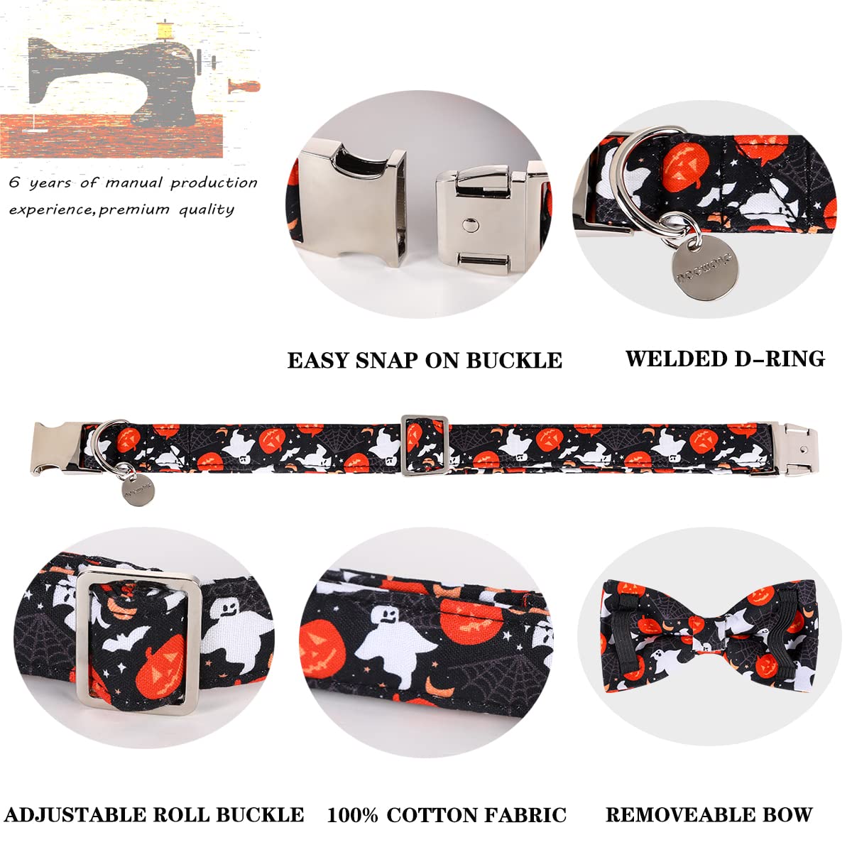 Dogwong Halloween Black Ghost Dog Collar With Removable Cute Bow Tie Adjustable Pet Collars, Soft Comfy Halloween Themed Pet Col