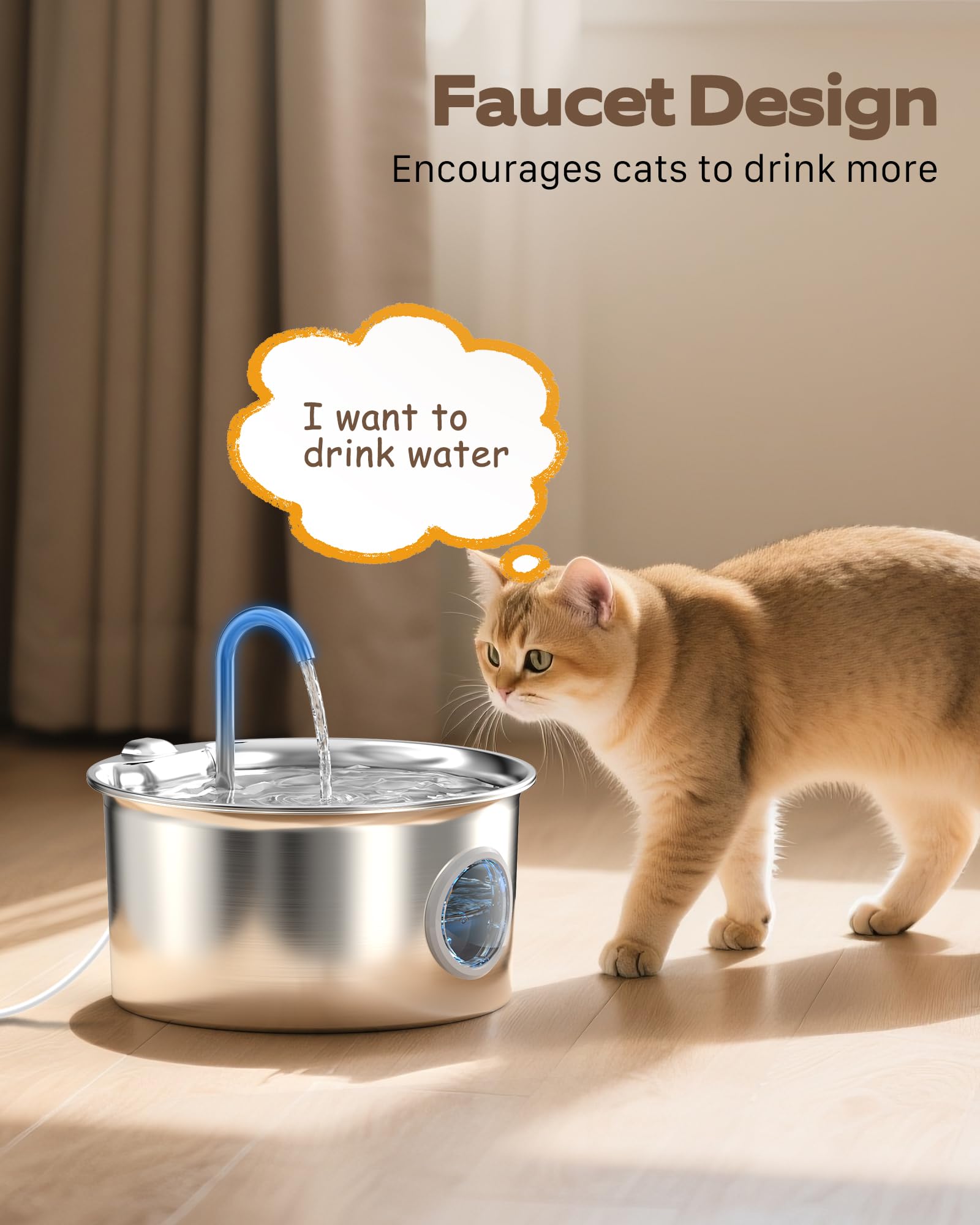 Cat Water Fountain Stainless Steel: Cat Fountain for Drinking - 88oz/2.6L Pet Water Fountain for Cats Indoor - Quiet Cats Water