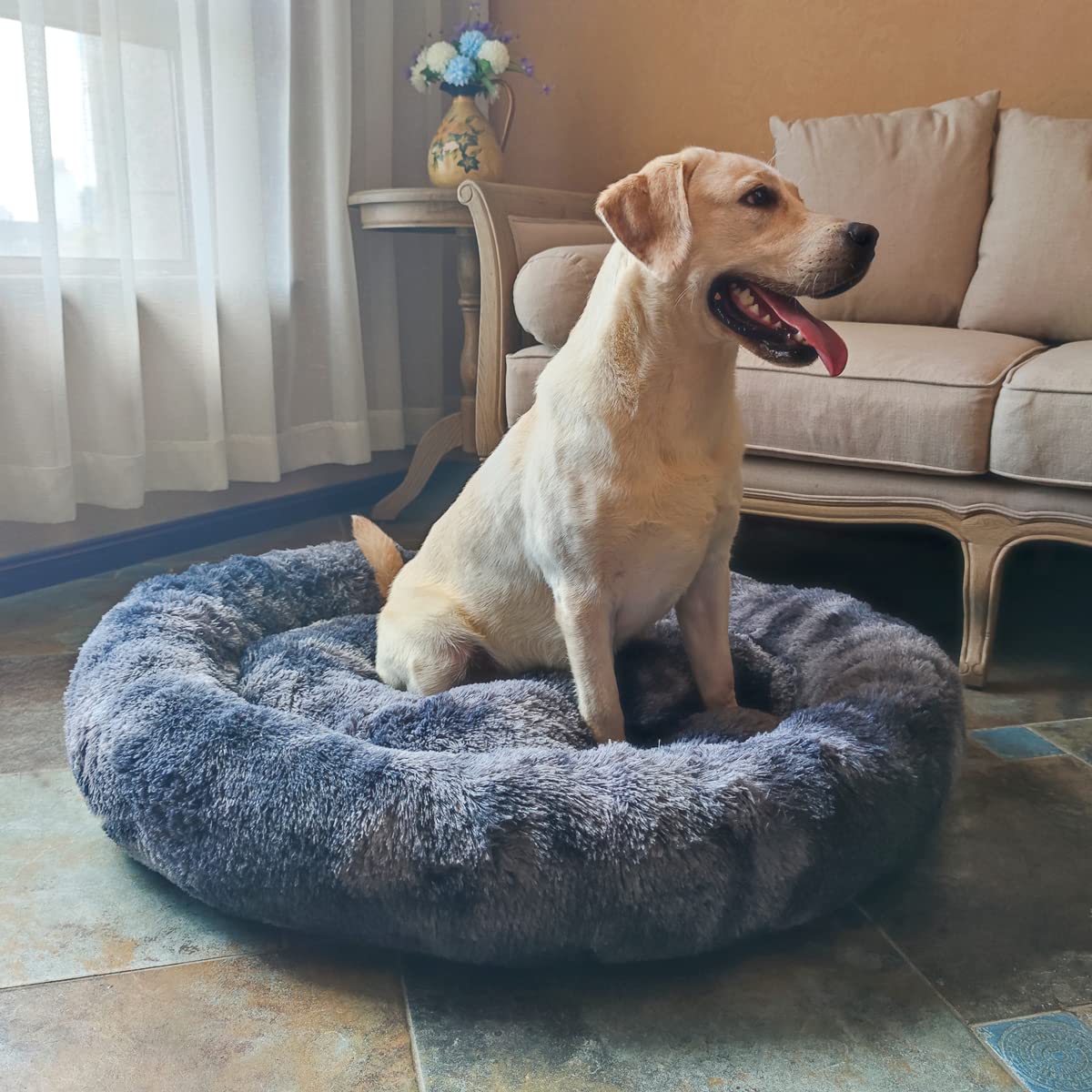 Coohom Oval Calming Donut Cuddler Dog Bed,Shag Faux Fur Cat Bed Washable Round Pillow Pet Bed(30''/36'') For Small Medium Dogs (