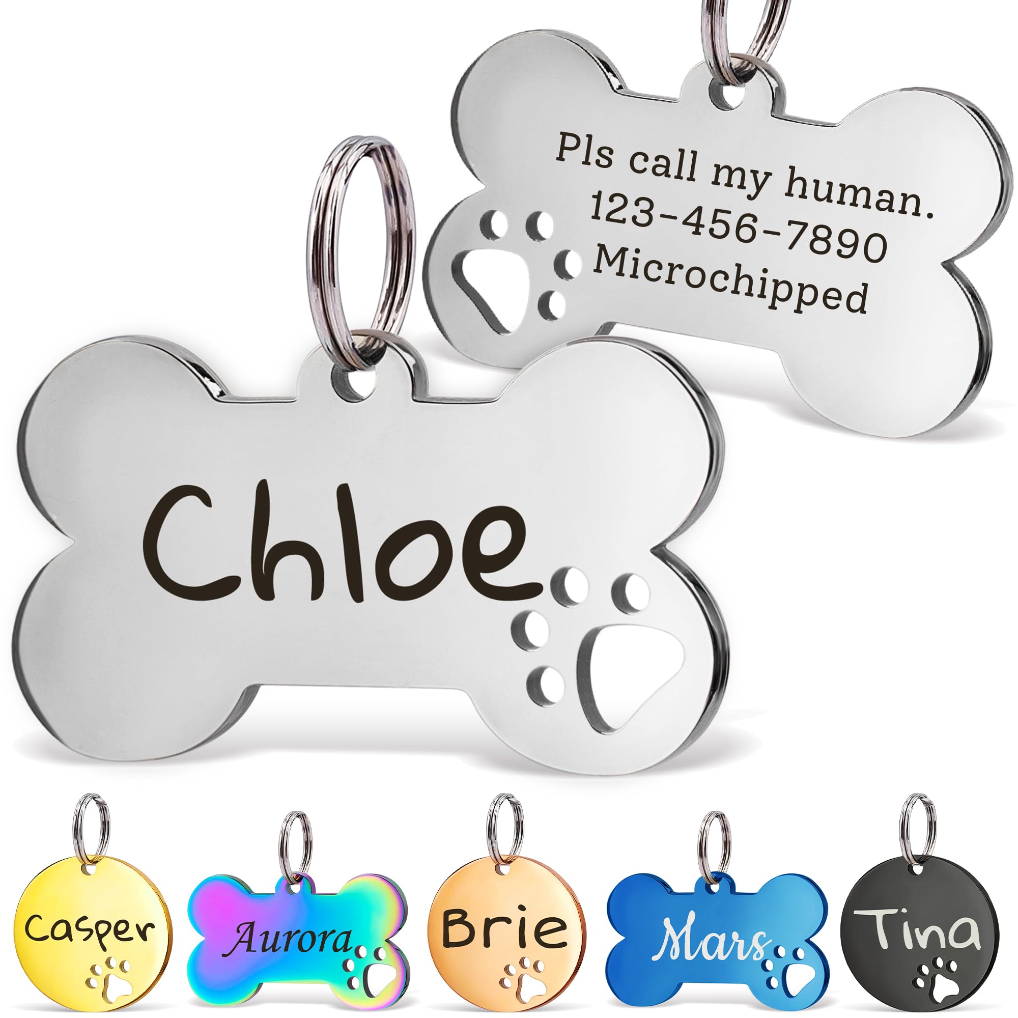 Anavia Paw Print Pet ID Tags, S/M/L Personalized Color Plated Stainless Steel Cat Dog Tags, Customized Engraved Glossy Dog Name 