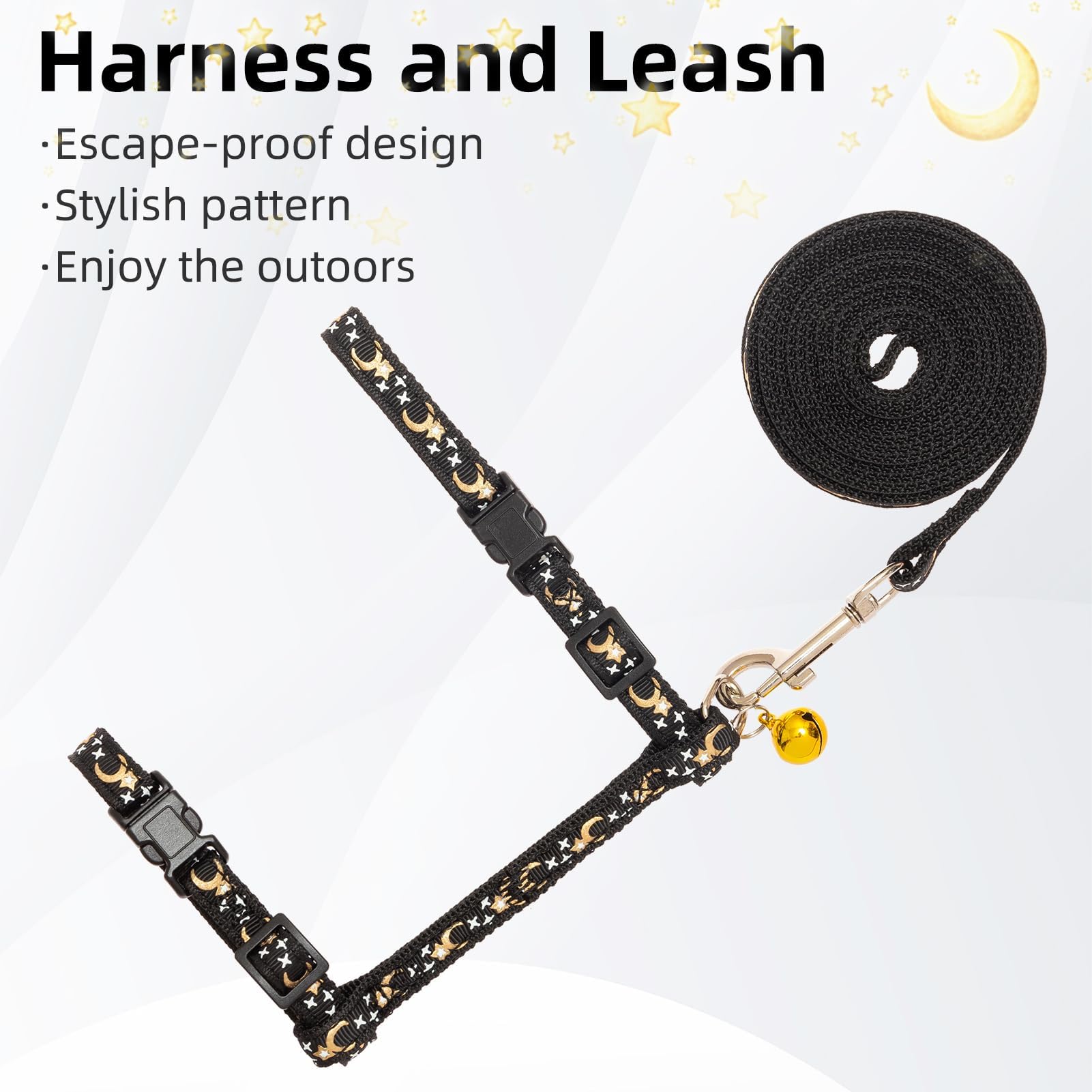 Pupteck Adjustable Cat Harness And Leash Set Escape Proof Kitten Strap Collar For Walking Travel, Moon&Star