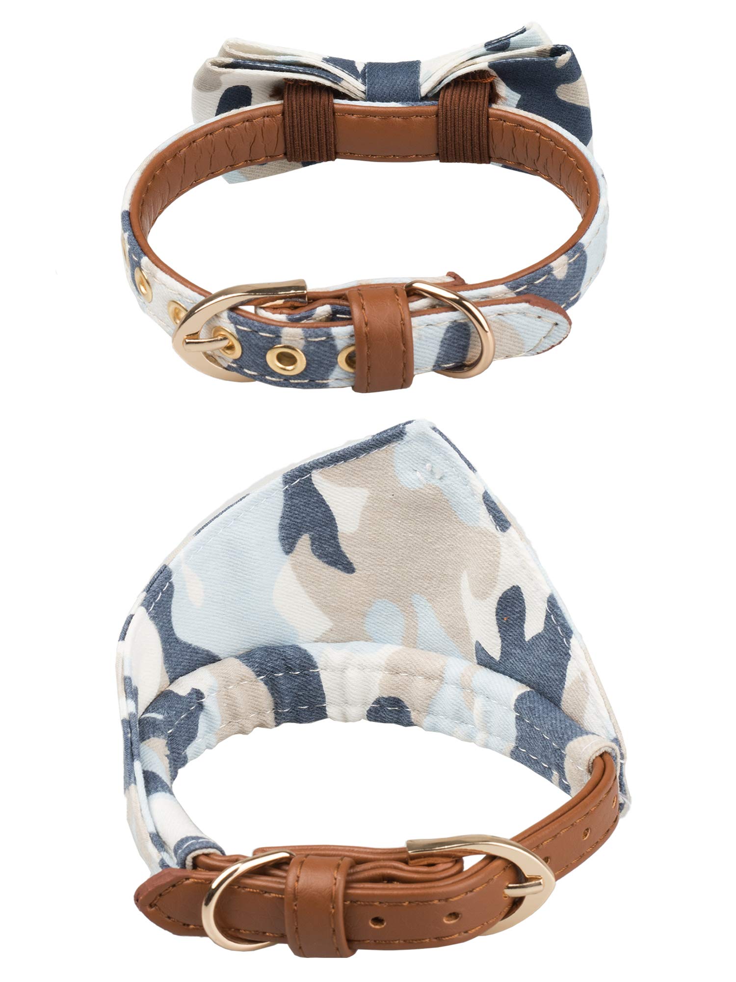 Gyapet Small Dog Collar For Dogs Cat Bow Tie Puppy Kitten Bandana 2Pcs Pu Leather Canvas Scarf Camo Camo-Blue