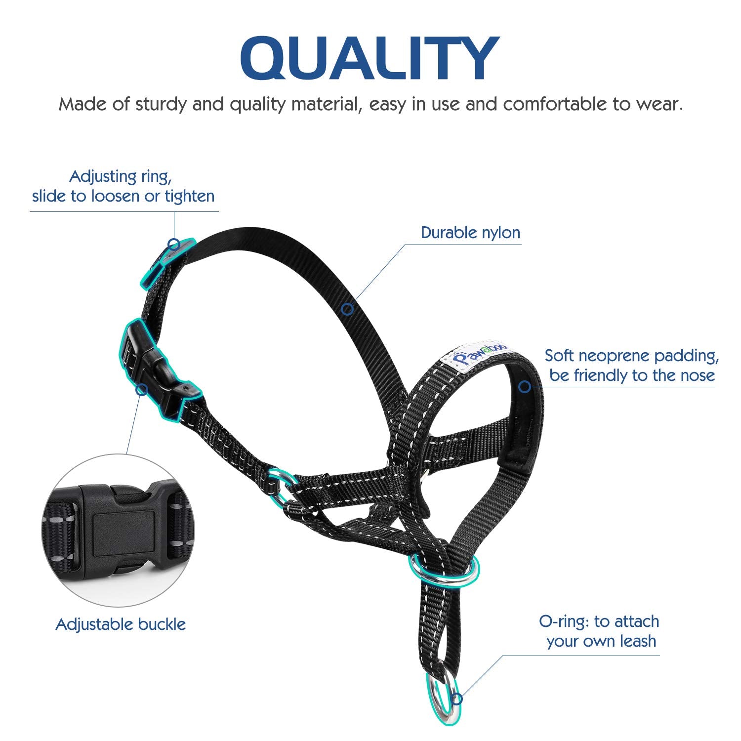 Pawaboo Dog Muzzle, Head Halter Collar For Dog, Pet Dog Nylon Reflective Adjustable Loop Anti-Biting Barking Control Easy Fit Dog Stops Dog Pulling Head Leash, Small Size, Black