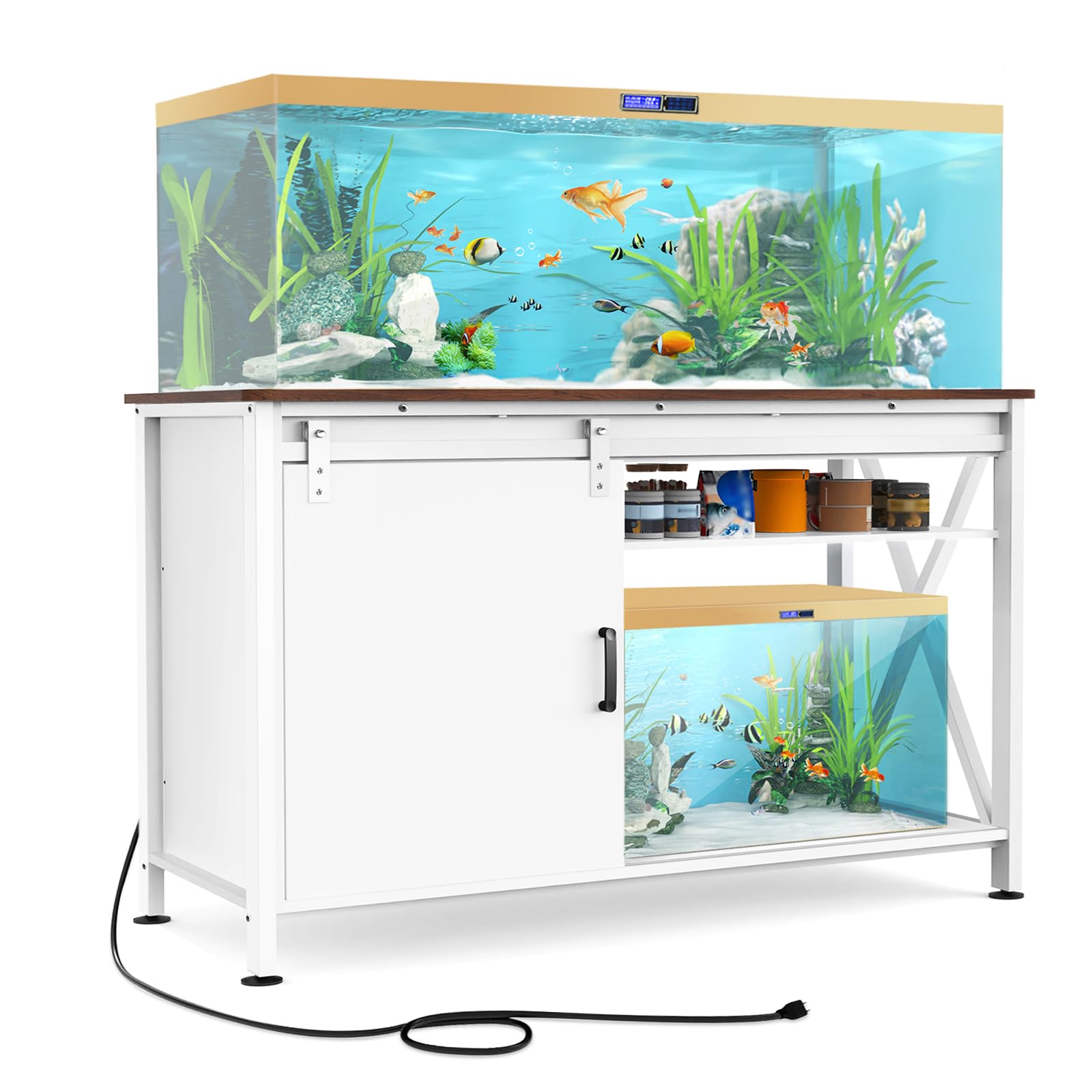 FILKO Aquarium Stand for Fish Tank: 55-75 Gallon Fish Tank Stand with Sliding Door - Heavy Duty Metal Aquarium Table with Power 