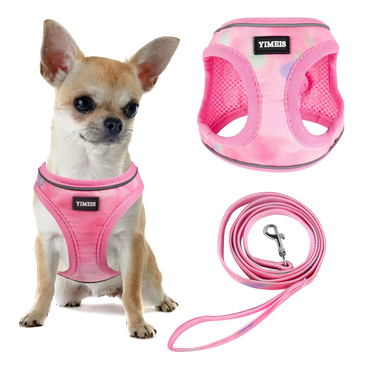 Yimeis Dog Harness And Leash Set, No Pull Soft Mesh Pet Harness, Reflective Adjustable Puppy Vest For Small Medium Large Dogs, Cats (Tie-Dye Pink, X-Small (Pack Of 1)