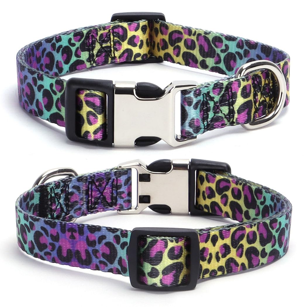 Colorful Leopard Dog Collars For Medium Dogs, Pretty Pattern Print Cheetah Dog Collar Metal Buckle Durable Soft Girl Puppy Colla
