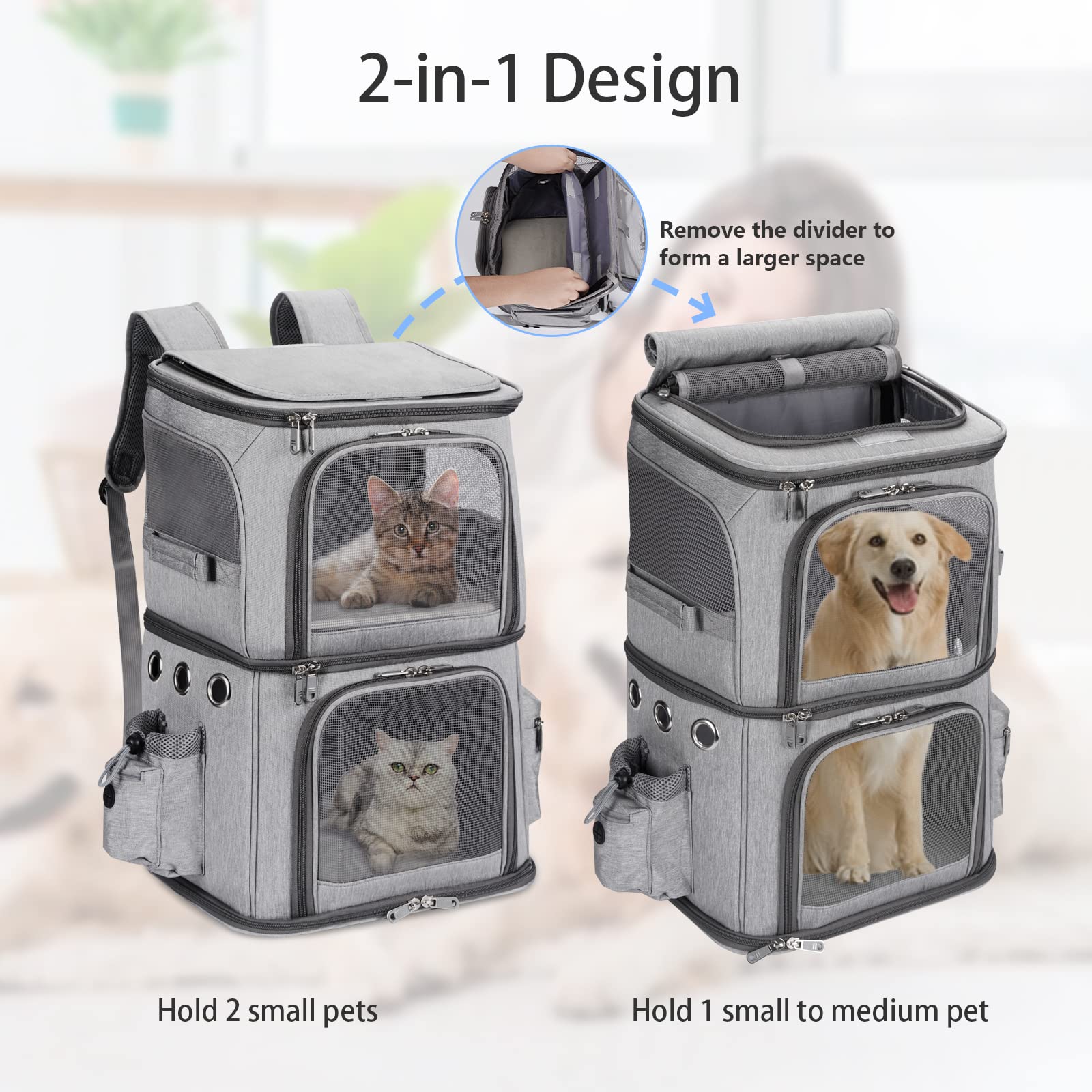 Hovono Double-Compartment Pet Carrier Backpack For Small Cats And Dogs, Cat Travel Carrier For 2 Cats, Perfect For Traveling/Hiking/Camping, Grey