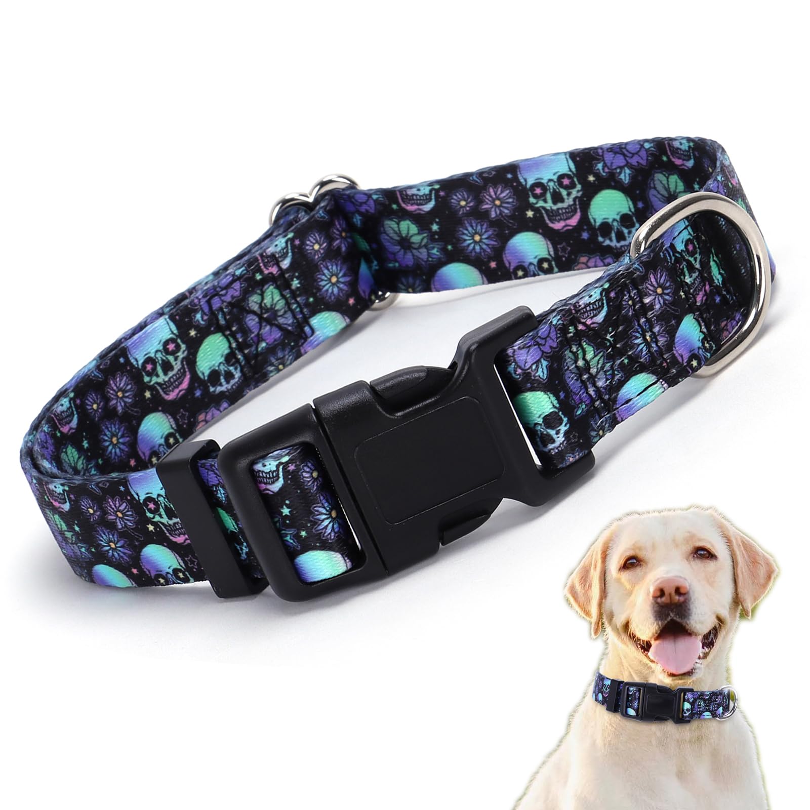 Cool Dog Collars, Gothic Style Skull Pattern Design Quick Release Buckle Soft Nylon Male Halloween Puppy Collars Adjustable for 