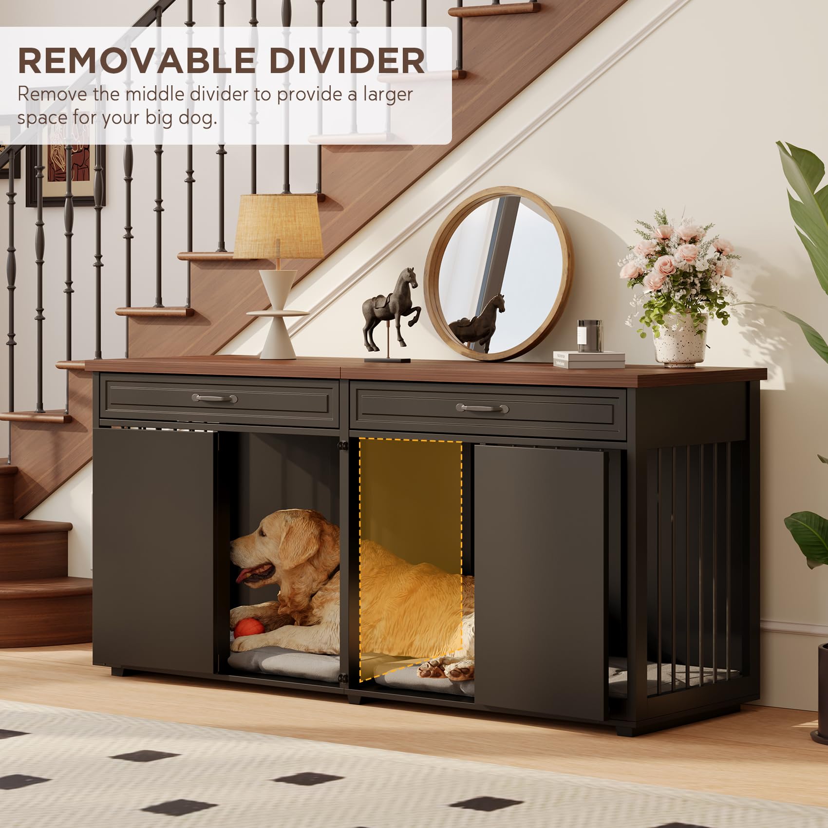 Furniture Style Dog Crate - Indoor Wooden Dog Kennel Furniture with 2 Drawers & Room Divider - 72 L x 23.6 W x 34 H - Black