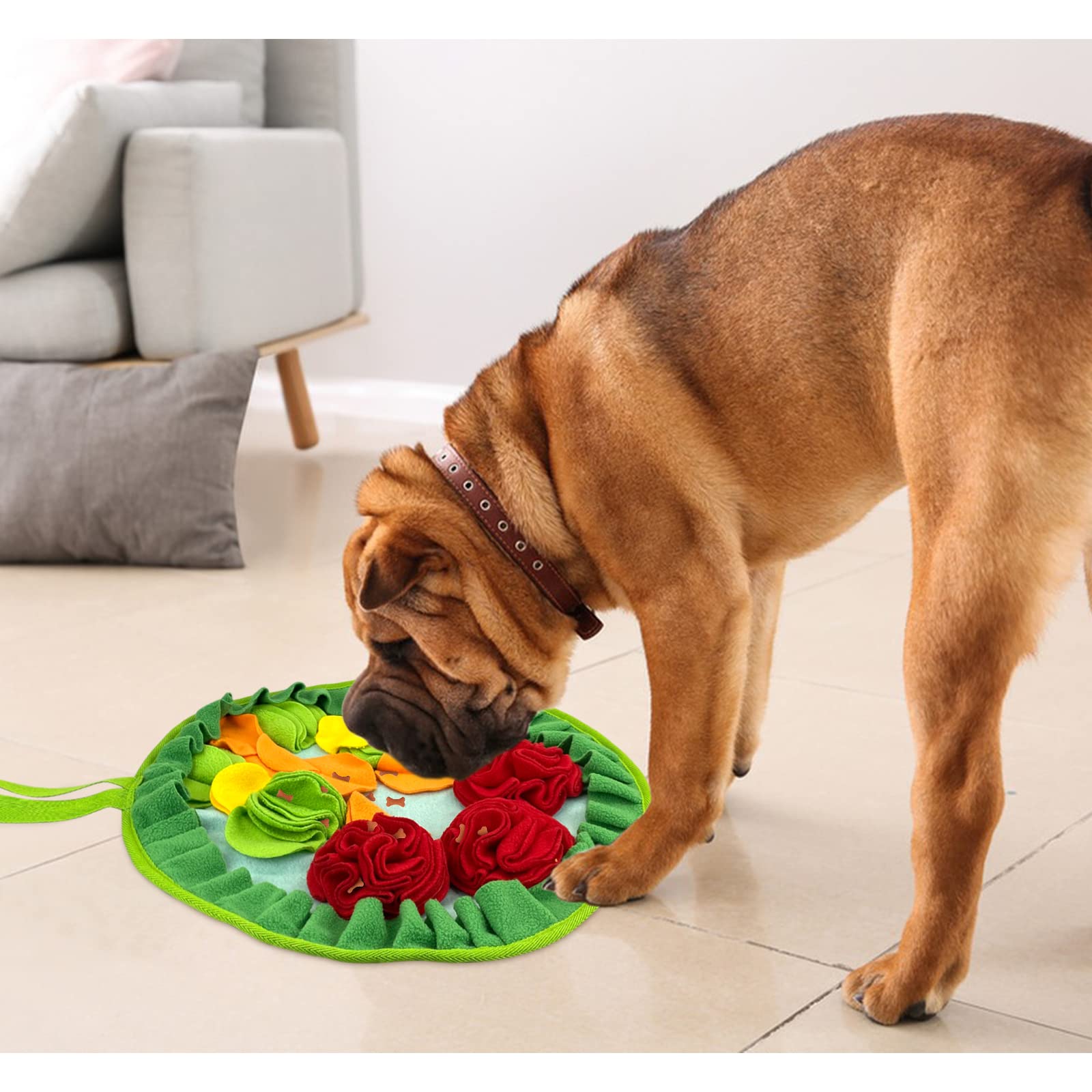 Wishlotus Slip-Free Pet Snuffle Mat With Hanging Rope, Snuffle Mat For Dogs To Consume Energy And Relieve Stress, Pet Snuffle Mat For Rabbits, Hamsters, And Dogs To Improve Digestion (Three Flowers)