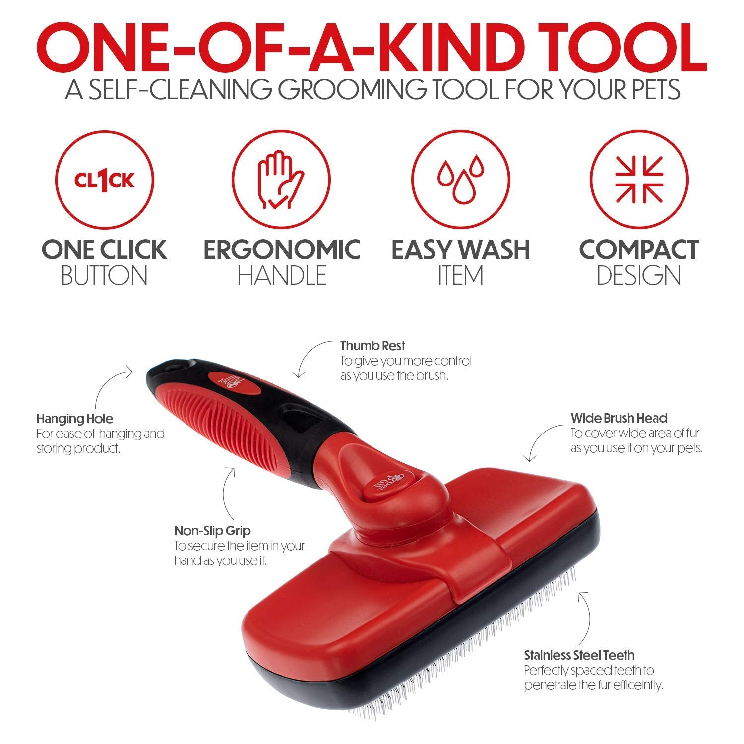 Pet Pull Self Cleaning Slicker Brush For Cat And Dog Coat - Detangler Dog Brush For Shedding & Grooming - Super Easy To Clean Deshedding Grooming Tool Removes Loose Pet Hair, Mats And Tangles (Red)