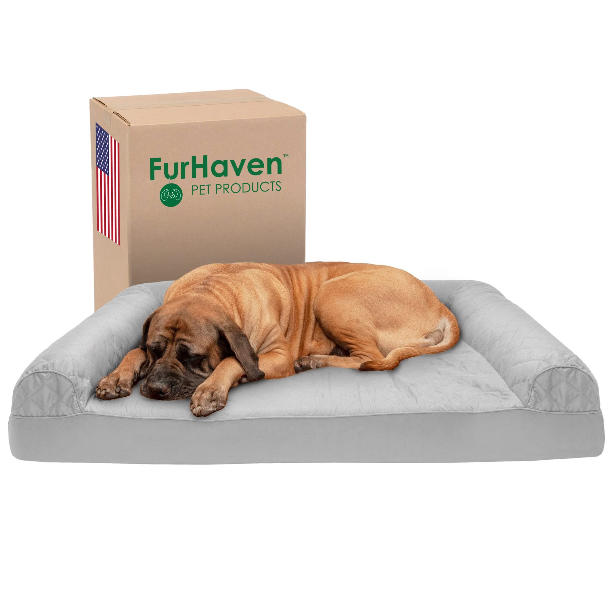 Furhaven Cooling Gel Dog Bed for Large Dogs w/ Removable Bolsters & Washable Cover, For Dogs Up to 125 lbs - Quilted Sofa - Silv