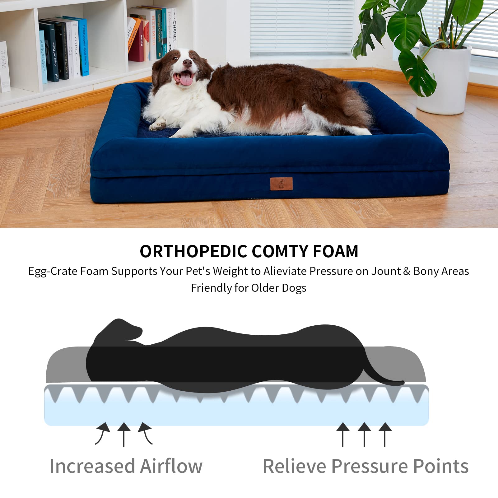 Yiruka Jumbo Dog Beds, Rich Blue Orthopedic Dog Bed, Washable Dog Bed With [Removable Bolster], Waterproof Dog Bed With Nonskid Bottom, Doggy Bed, Dog Beds For Extra Large Dogs
