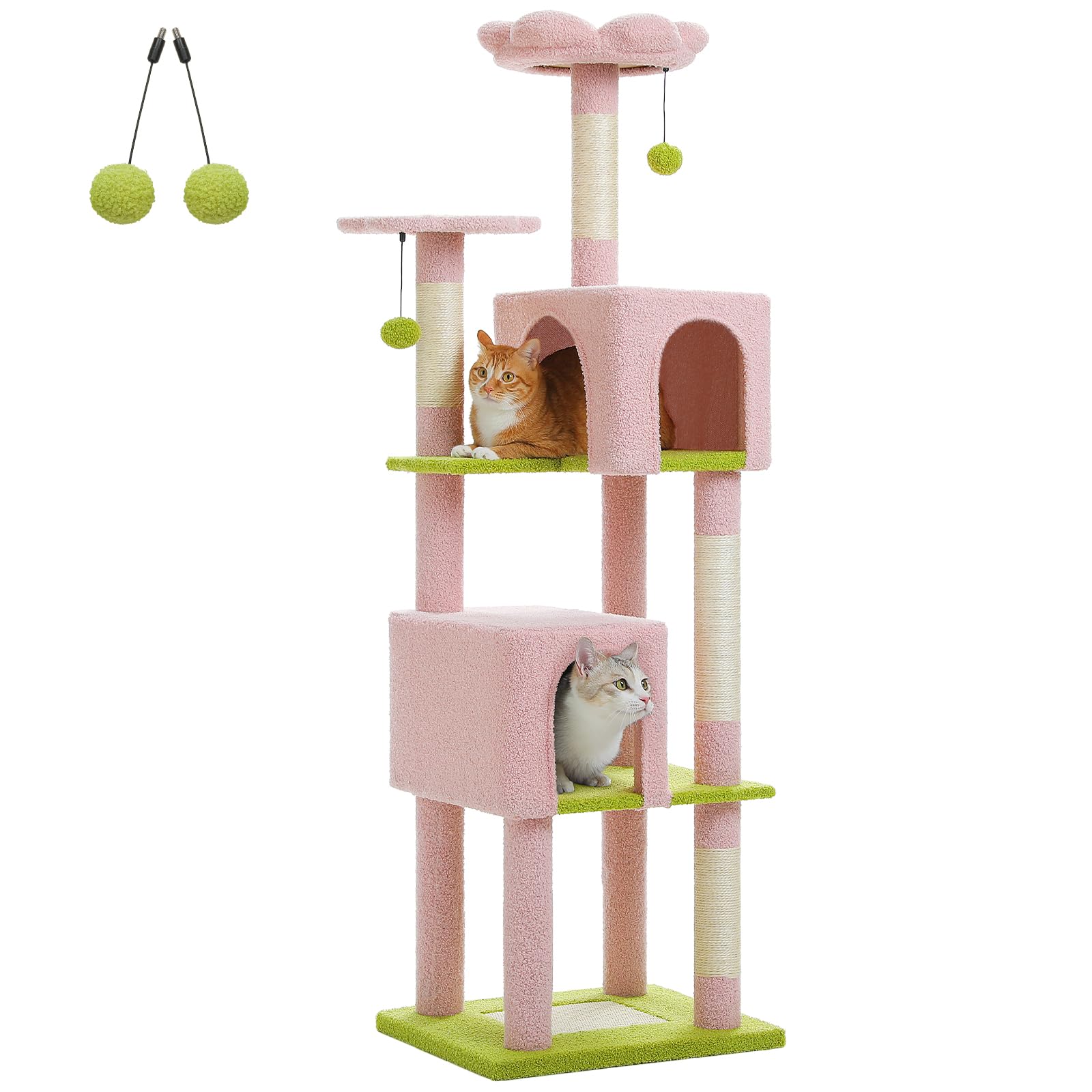 Pawz Road Pink Flower Cat Tree Tower 62 Inches Cat Tree With 2 Condos,2 Flower Perches,4 Scratching Posts & 1 Scratching Board, 