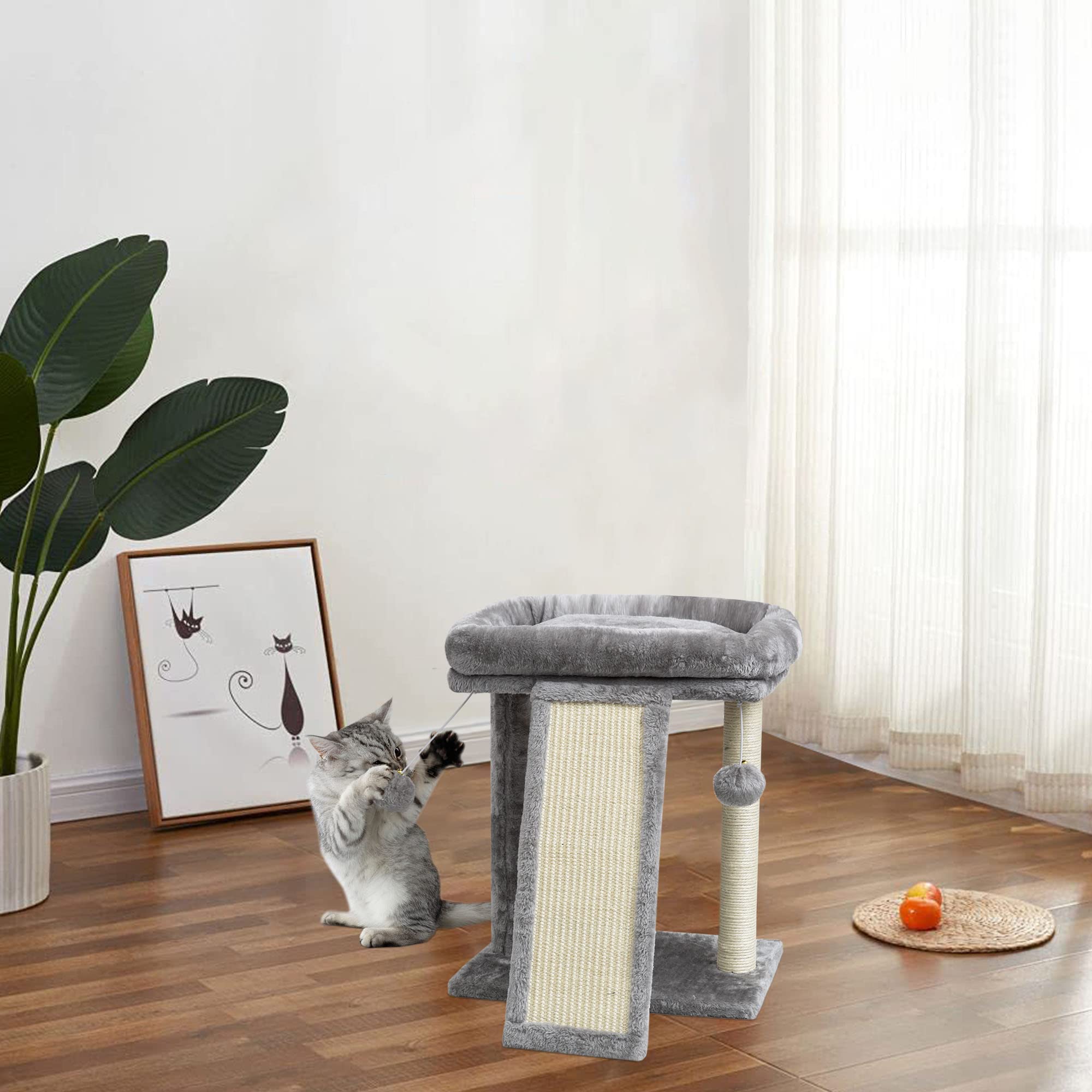 SYANDLVY Cat Tree with Scratching Post, Engineered Wood, Light Grey, Model PAT15G, 2 Dangling Balls for Kittens