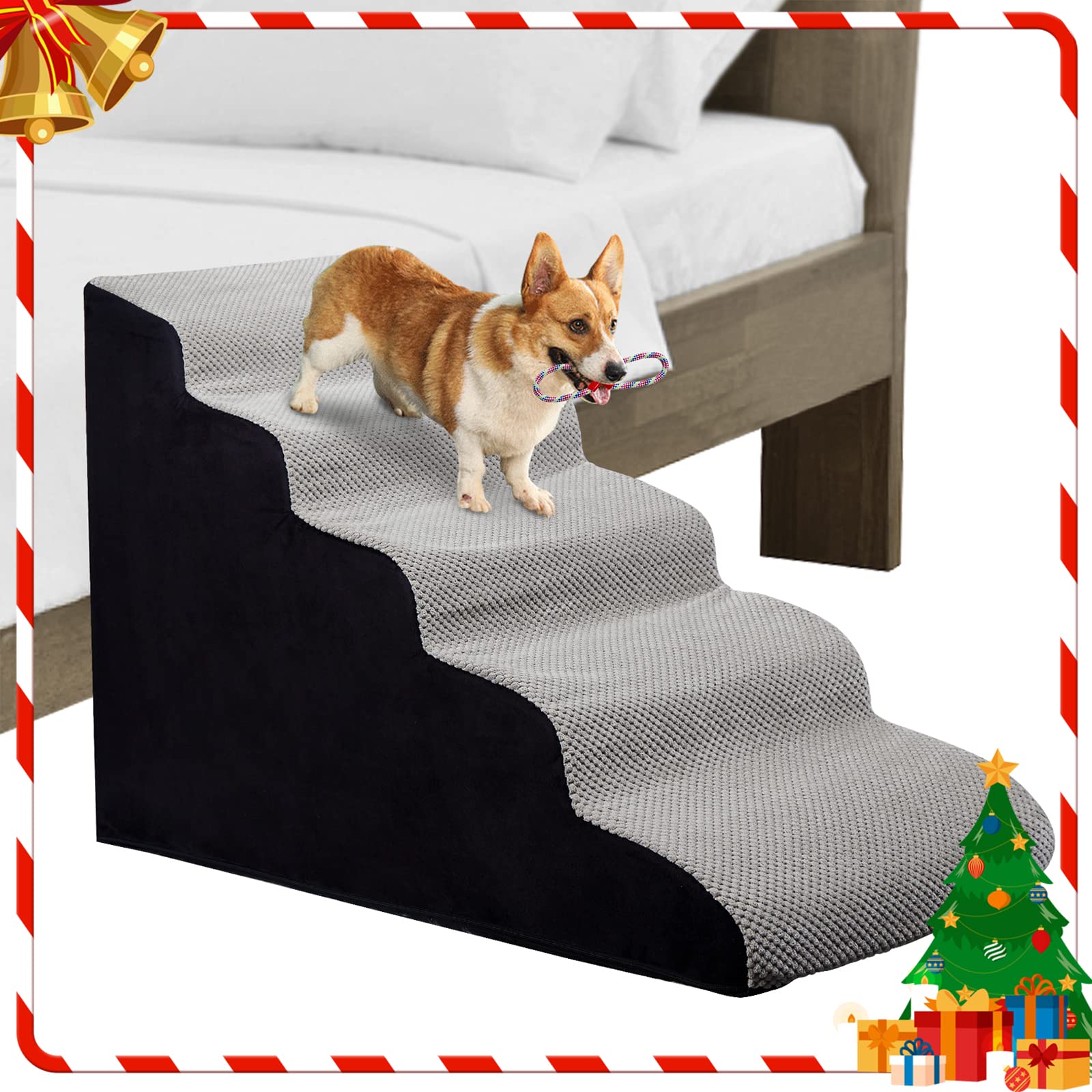 24 Inch Dog Stairs - 5 Steps For High Beds 24-28'' High, Non Slip Foam Ramp For Small Dogs/Cats & Older Pets