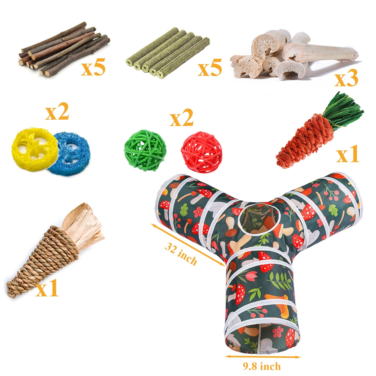 Hercocci Rabbit Toys, Bunny Tunnel & Tube, Collapsible 3 Way Rabbit Hideout Tunnel With Chew Toy For Bunny Guinea Pig Ferret Kit