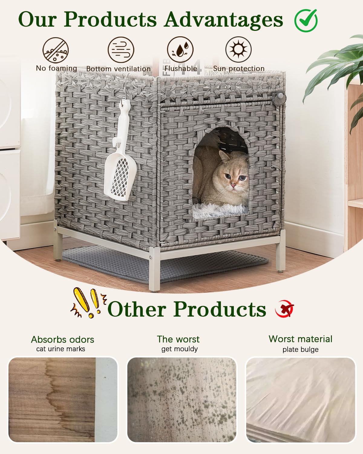Setvson Cat Litter Box Enclosure Hidden Litter Box Furniture With Metal Heightened Feet, Rattan Handwoven Cat House With Litter